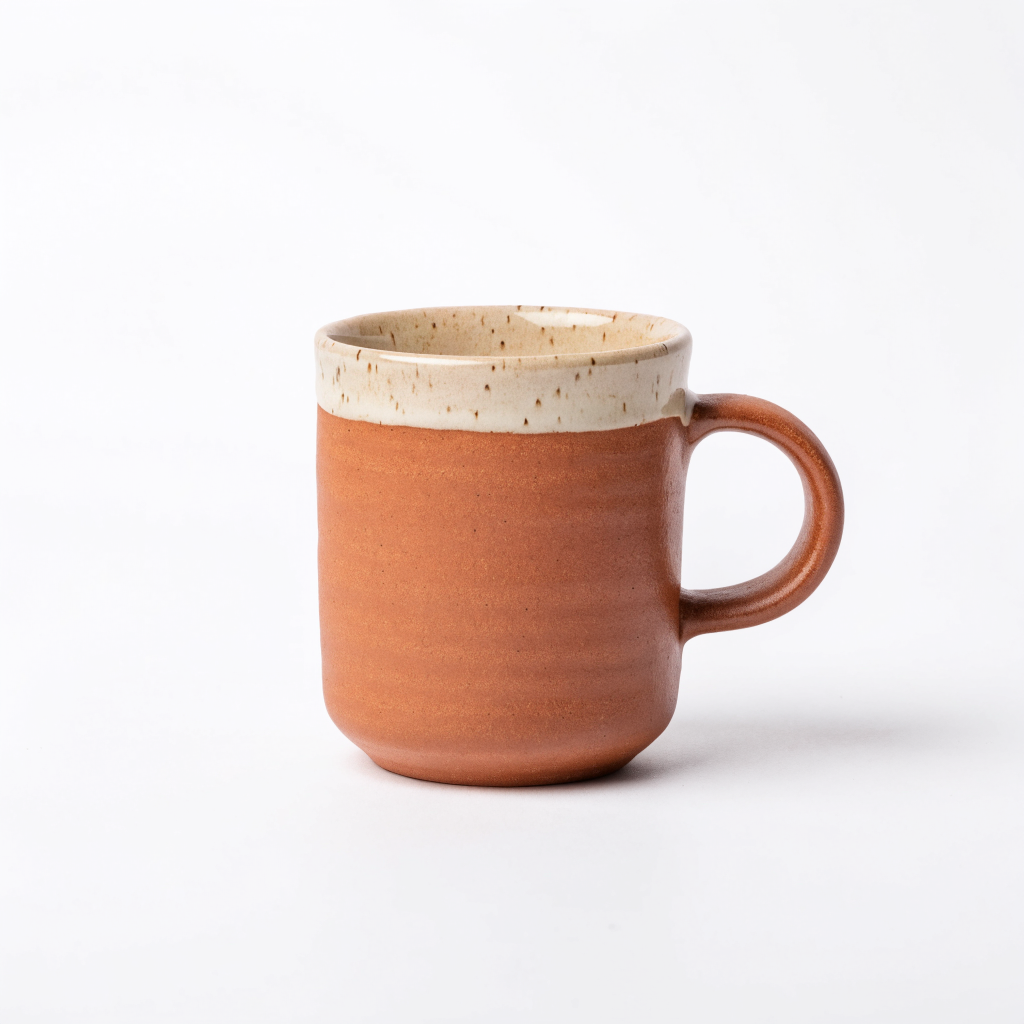 A matte terracotta mug with a speckled cream rim on a pure white background