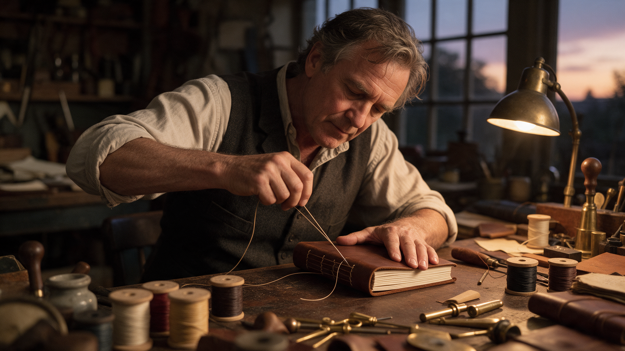 Seedream 5: a bookbinder in his sixties stitches a leather journal at a workbench under a brass lamp at dusk
