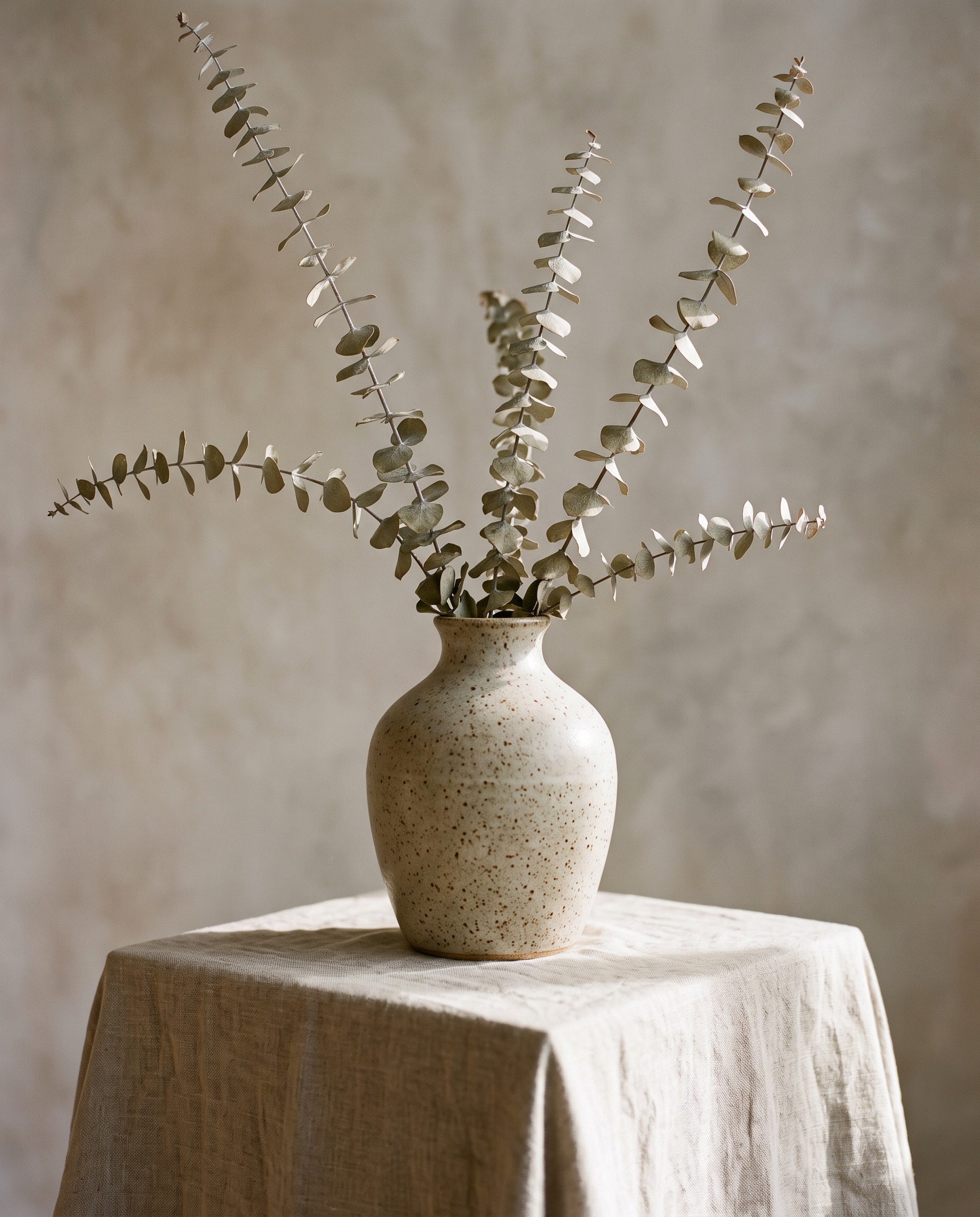 A speckled stoneware vase with dried eucalyptus stems on a linen covered plinth in soft light