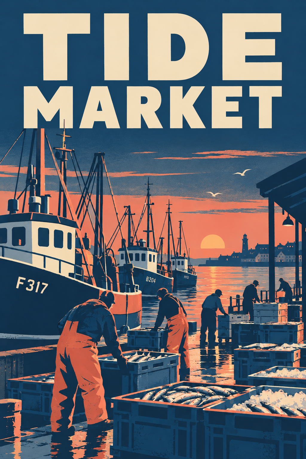 A retro travel poster titled TIDE MARKET with fishing boats unloading at a harbor market at sunset