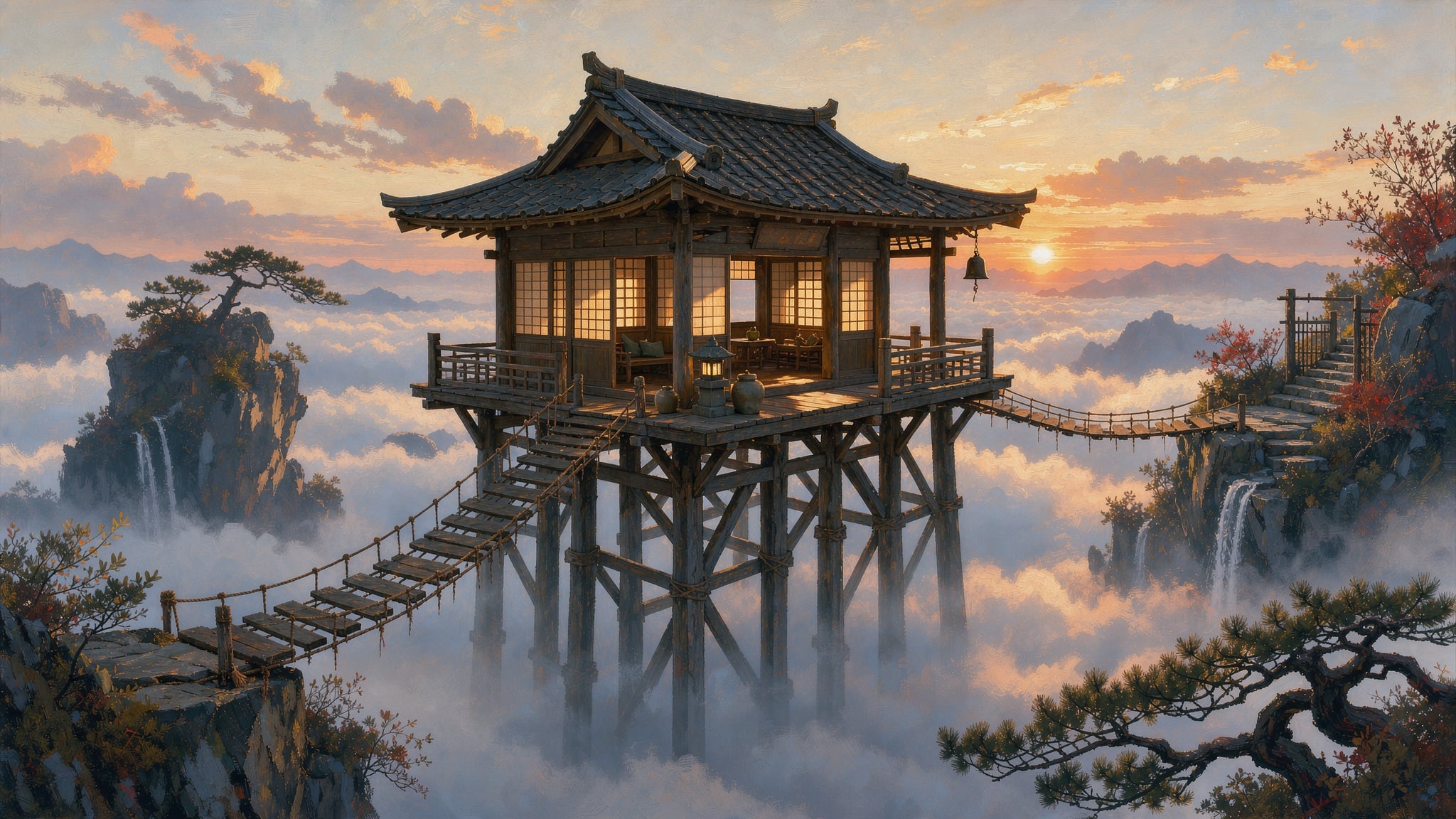 A wooden tea house on tall stilts above a sea of clouds at sunrise with rope bridges to rocky peaks