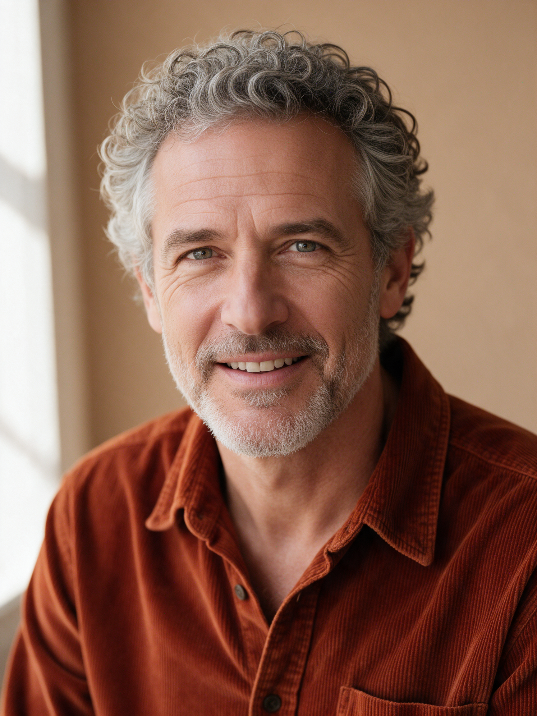 A professional headshot of a smiling man in his fifties with curly grey hair and a rust corduroy shirt on a warm beige backdrop