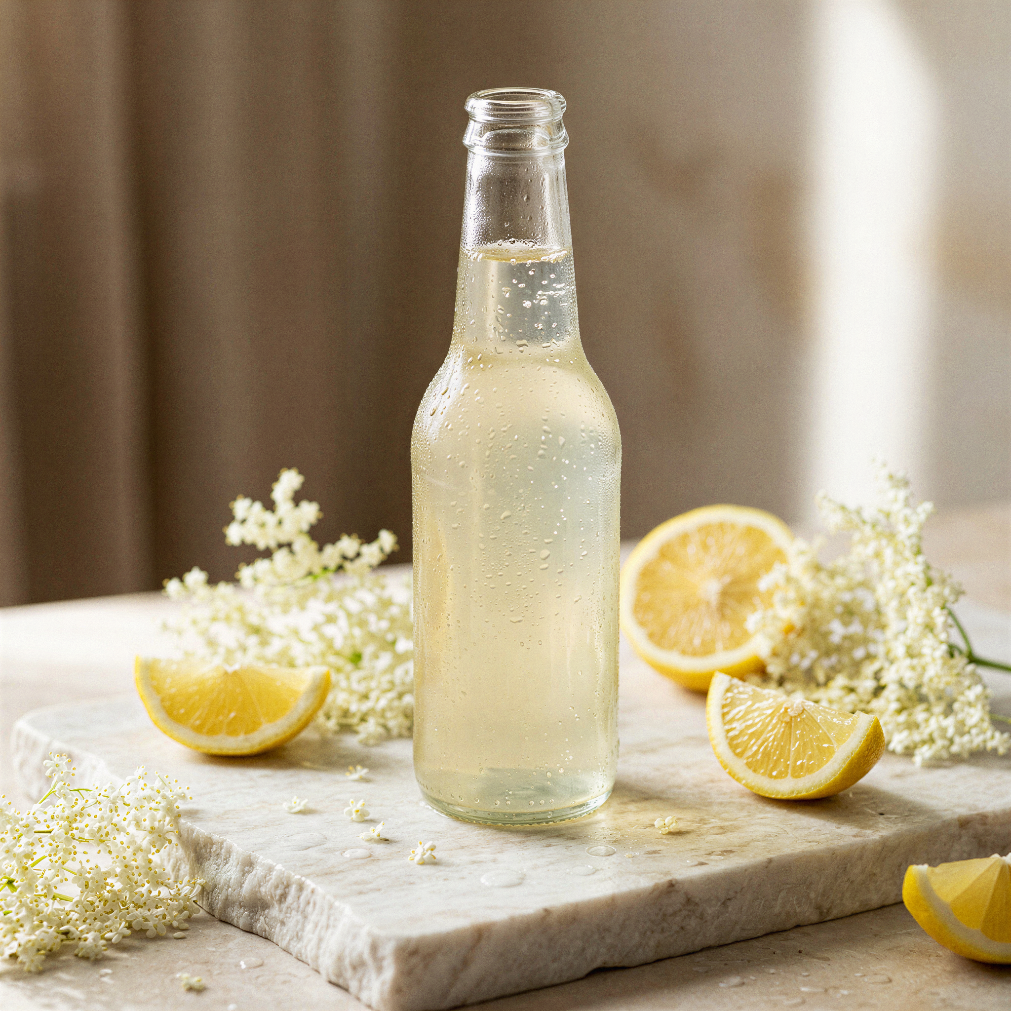 Step 2, Magnific 2x: the same bottle at 2048 pixels with crisper condensation beads and petals
