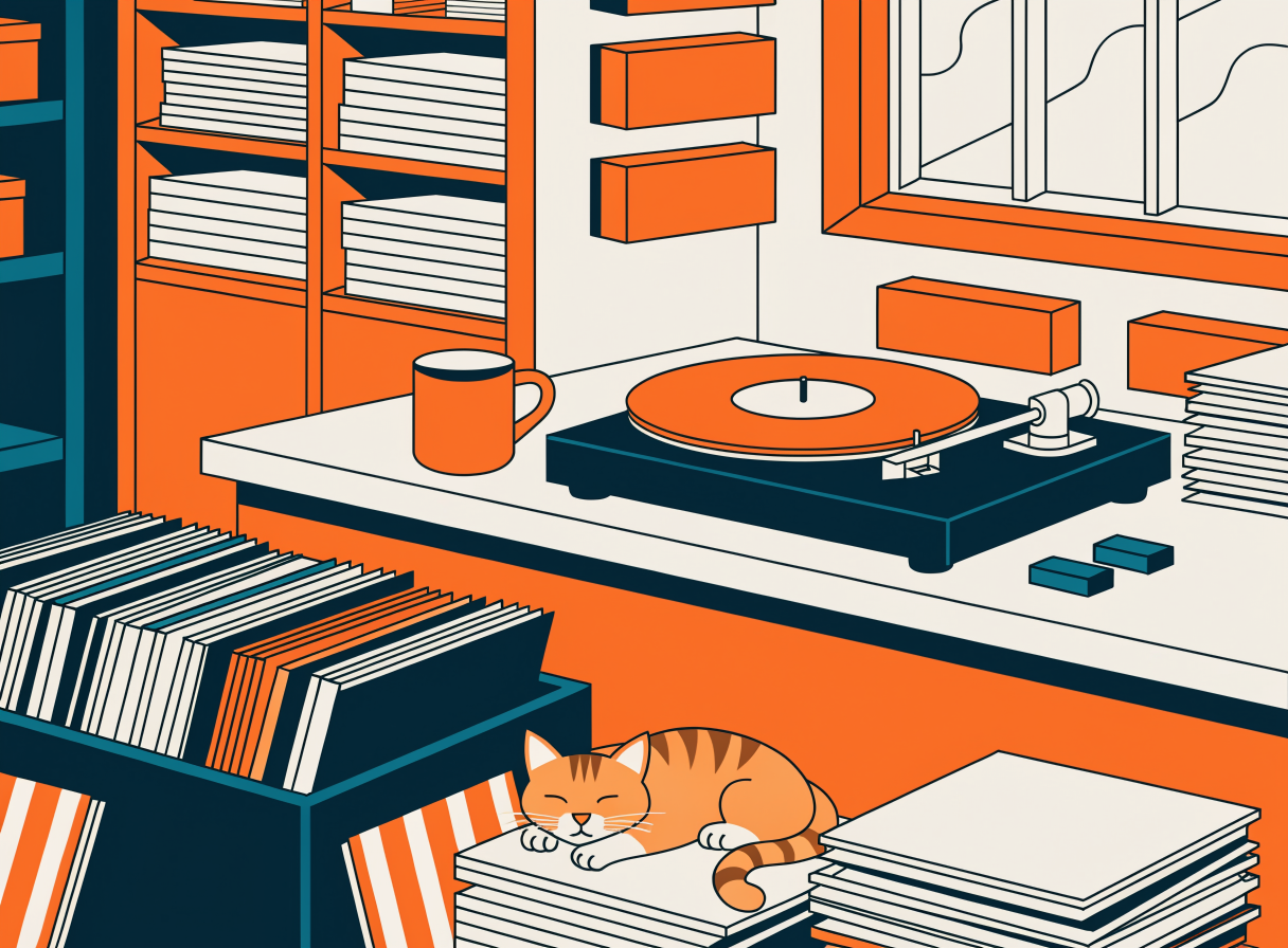 A flat vector illustration of a record store corner with vinyl crates, a turntable and a ginger cat asleep on a stack of sleeves