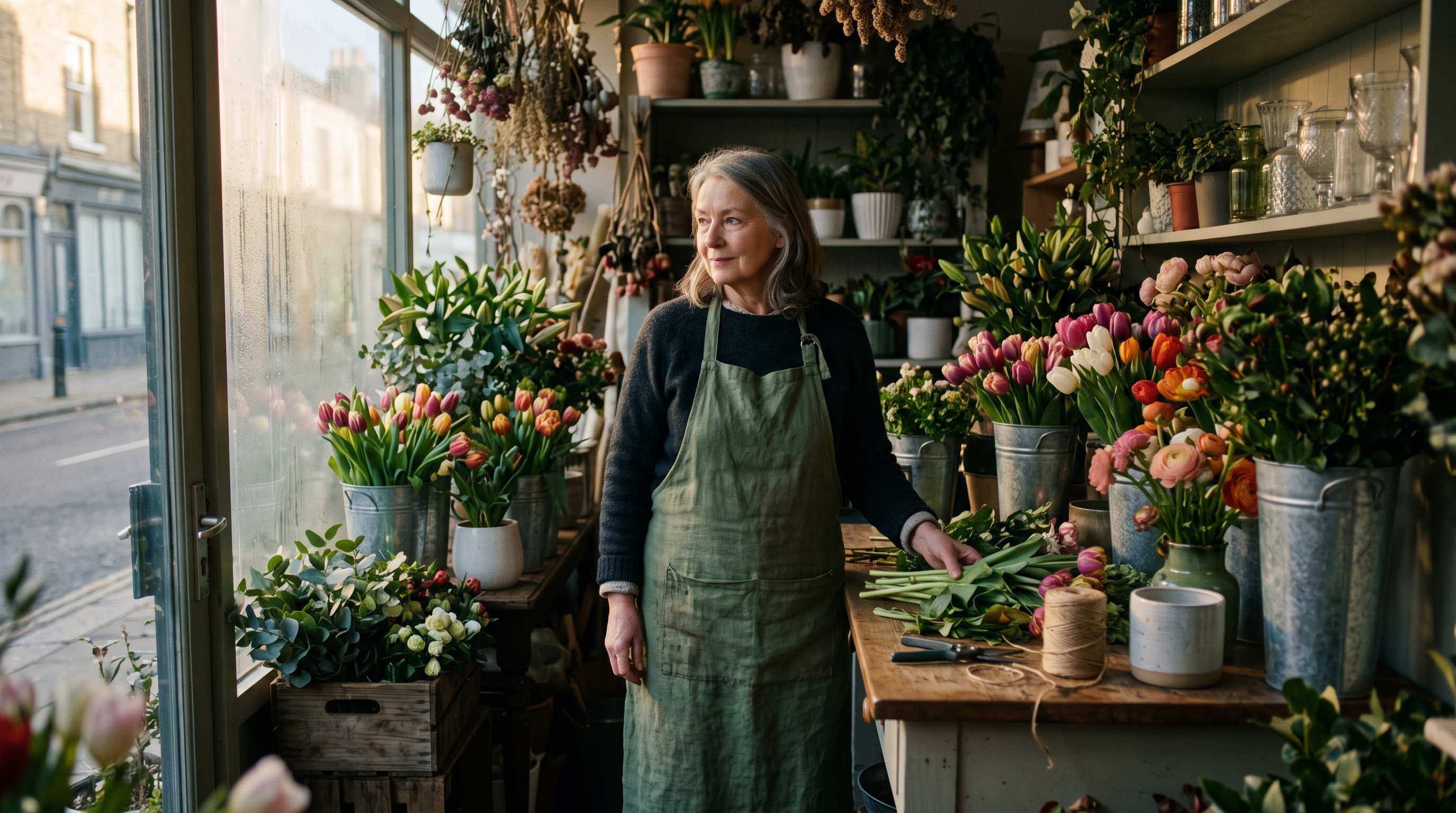 Step 1, Nano Banana 2.1: a woman in her sixties stands behind the counter of a tiny flower shop full of tulips at dawn