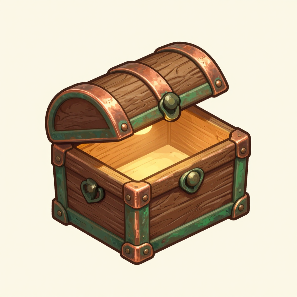 An isometric oak treasure chest with green copper bands and a gold glow inside