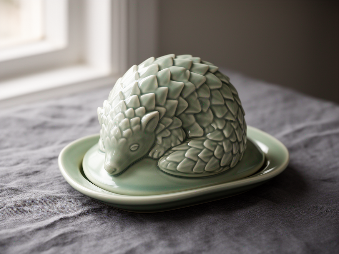 Flux 2 Dev: a celadon butter dish with a domed lid sculpted as a curled pangolin on grey linen