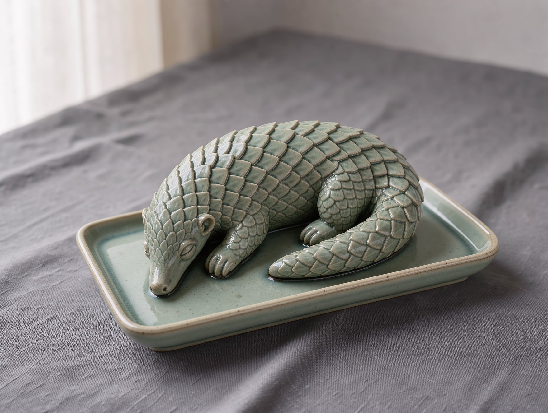 FLUX 3 Image: a lifelike celadon pangolin stretched out on a shallow tray