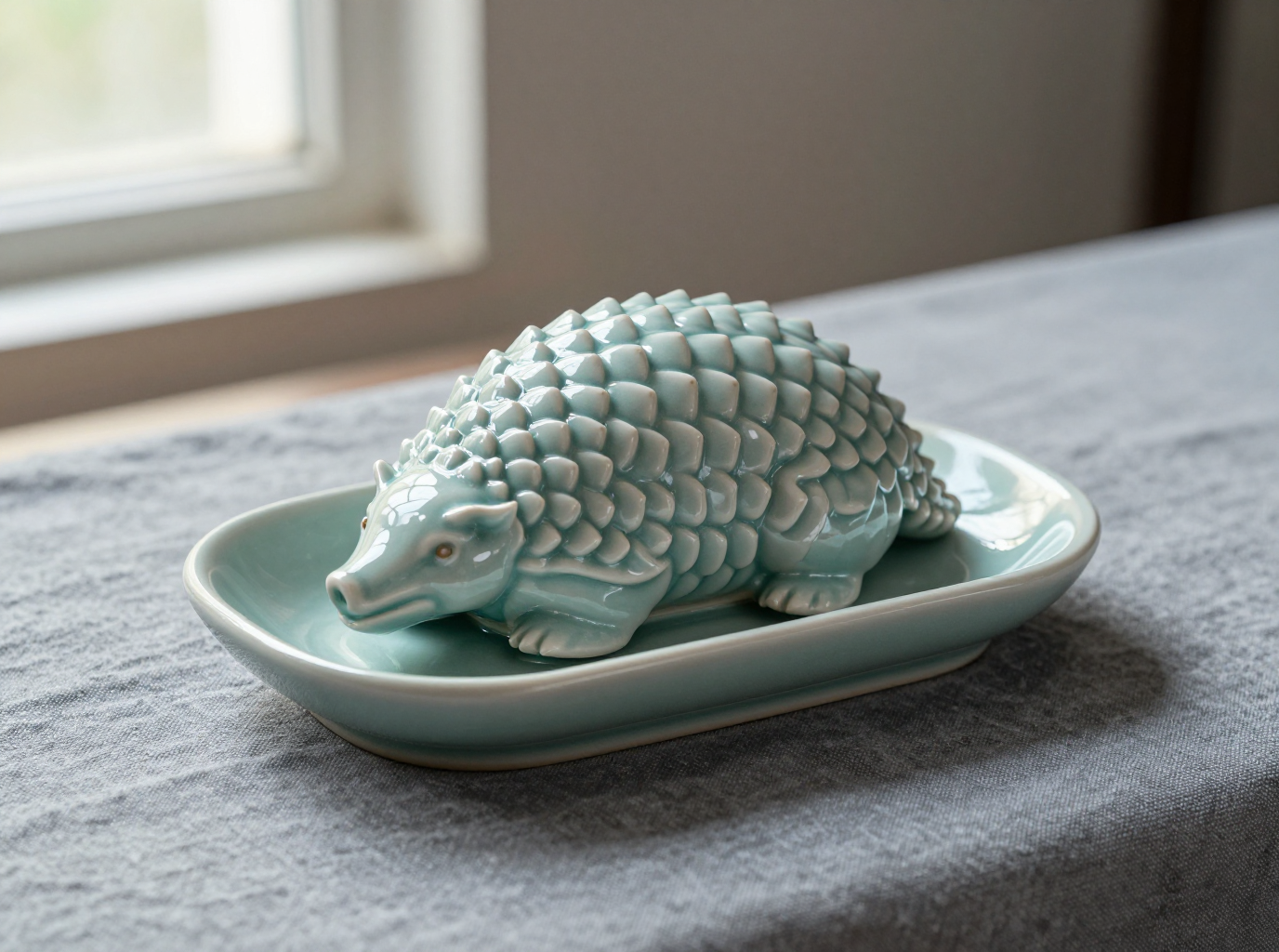 Z-Image Turbo: a celadon dish with a scaled, curled animal lid on grey linen