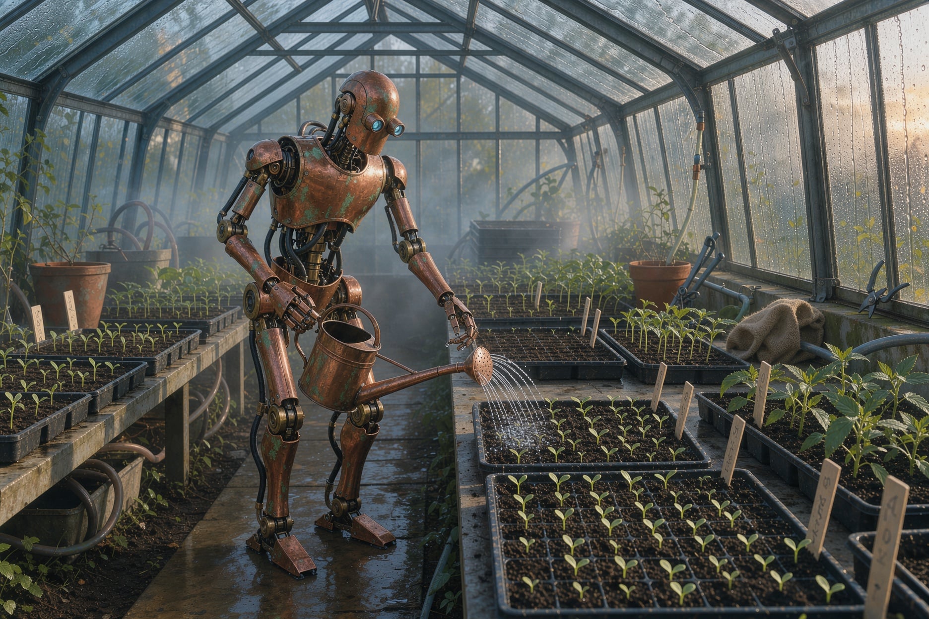 A copper robot waters rows of seedlings in a misty glass greenhouse
