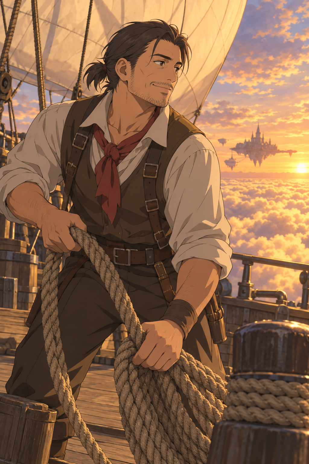 GPT Image 2.5: the deckhand with a red neckerchief and a floating city far off in the clouds