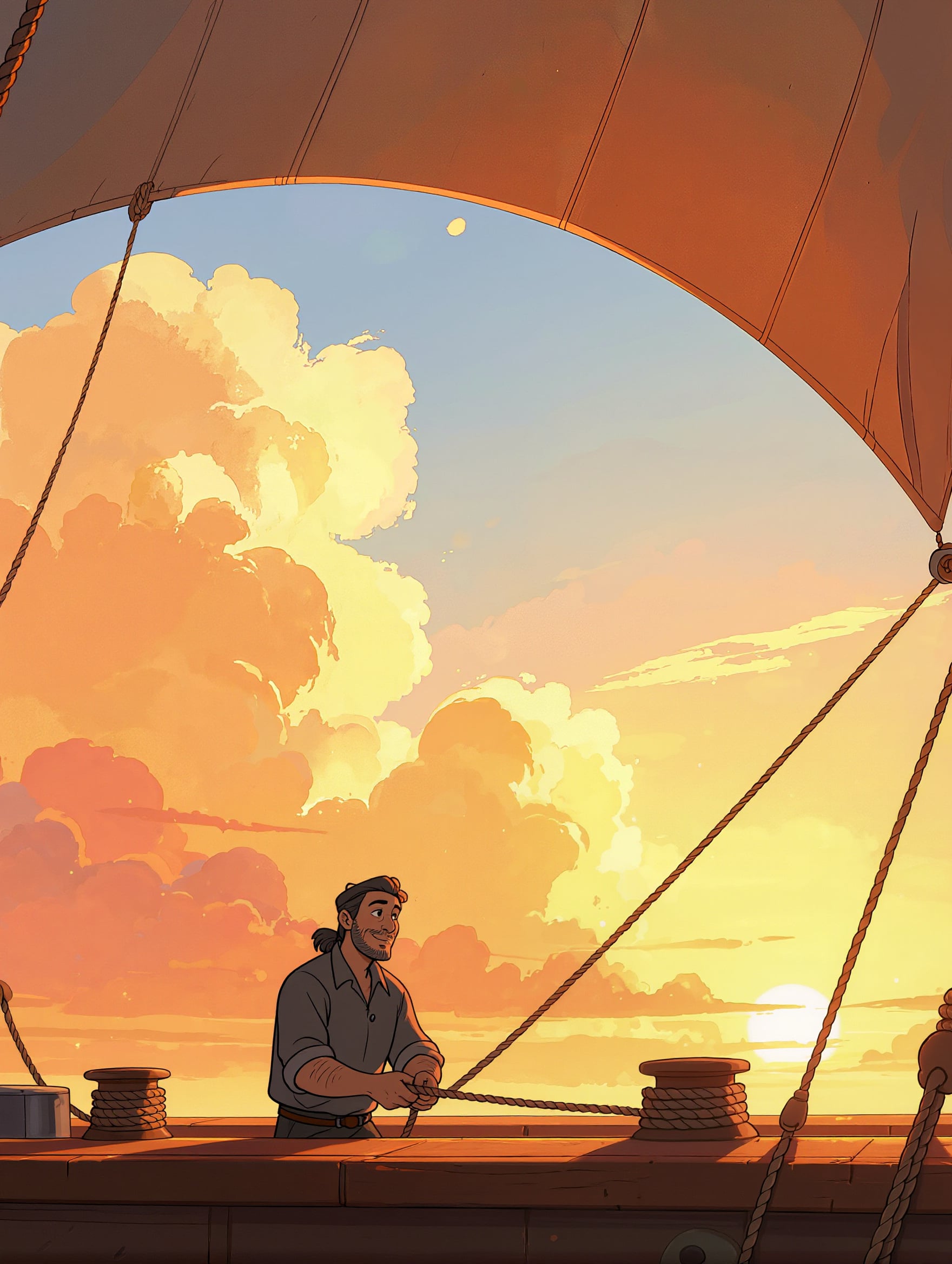 Kling Image: a wide view through the sail with the deckhand small against a huge sunset