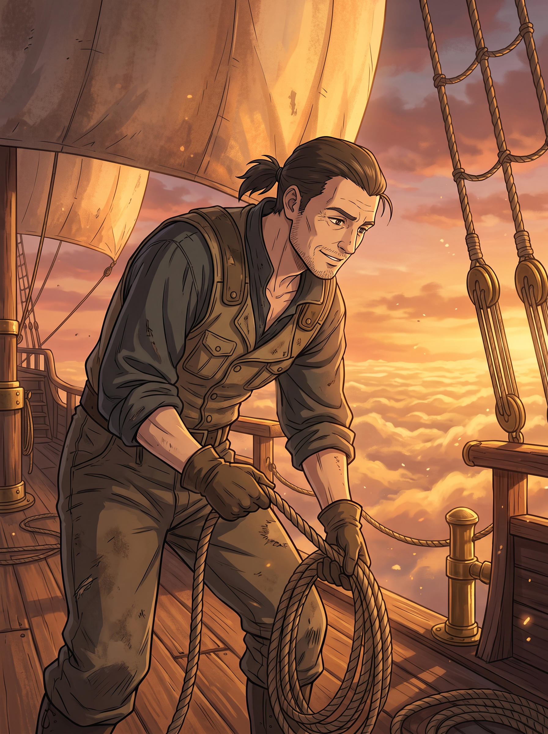 Nano Banana 2.1: a painterly deckhand in work gloves among heavy rigging