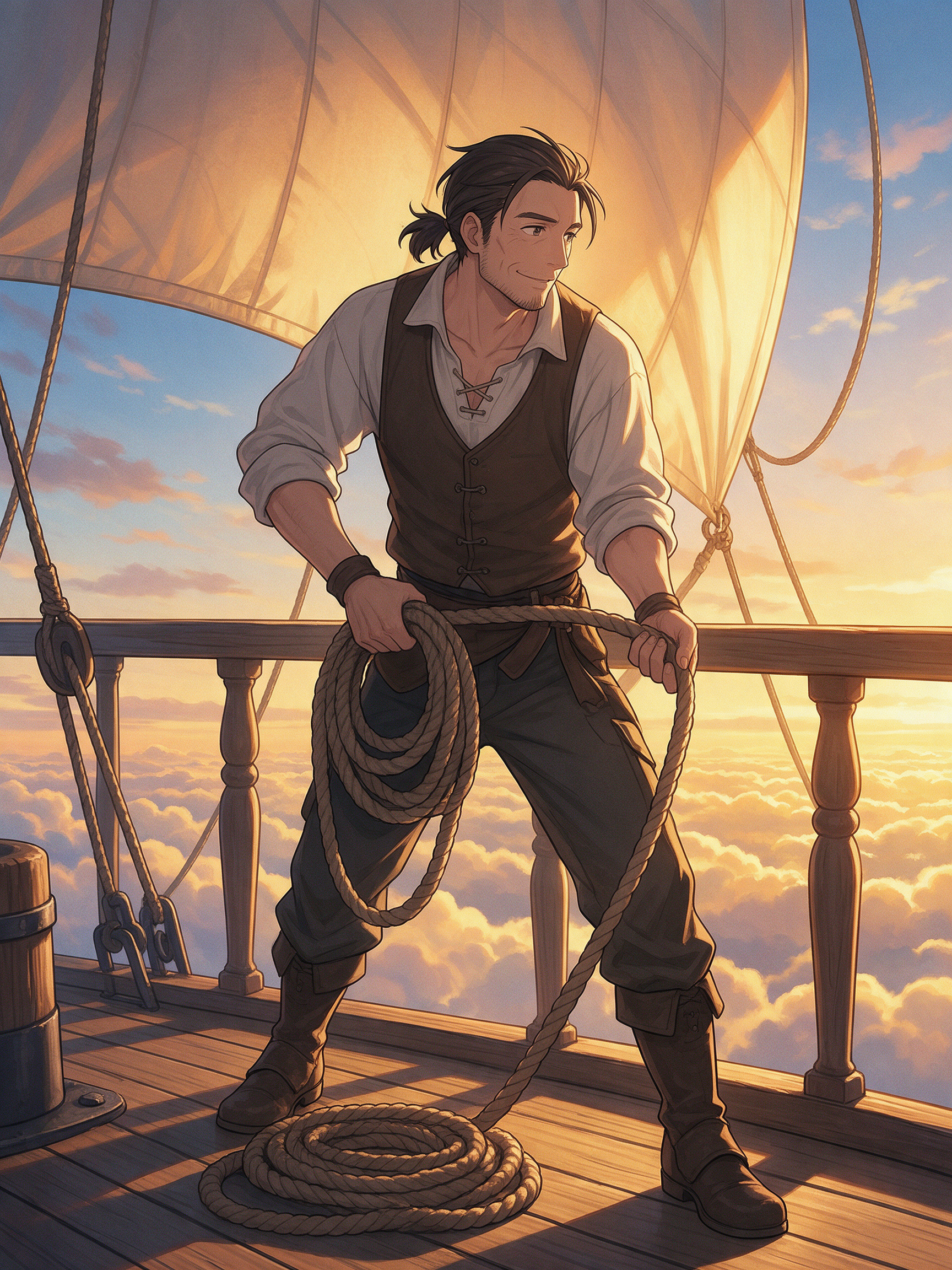 Anime illustration of an airship deckhand with stubble and a ponytail coiling rope on a wooden deck above golden clouds at sunset