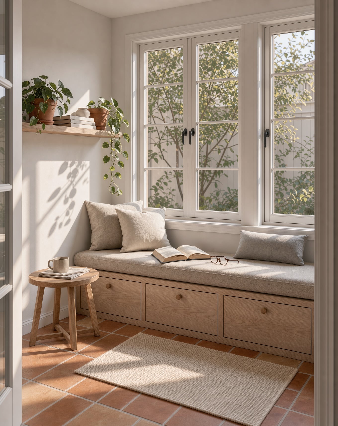 A sunroom reading corner with a window bench, wool cushions, trailing plants and terracotta tiles