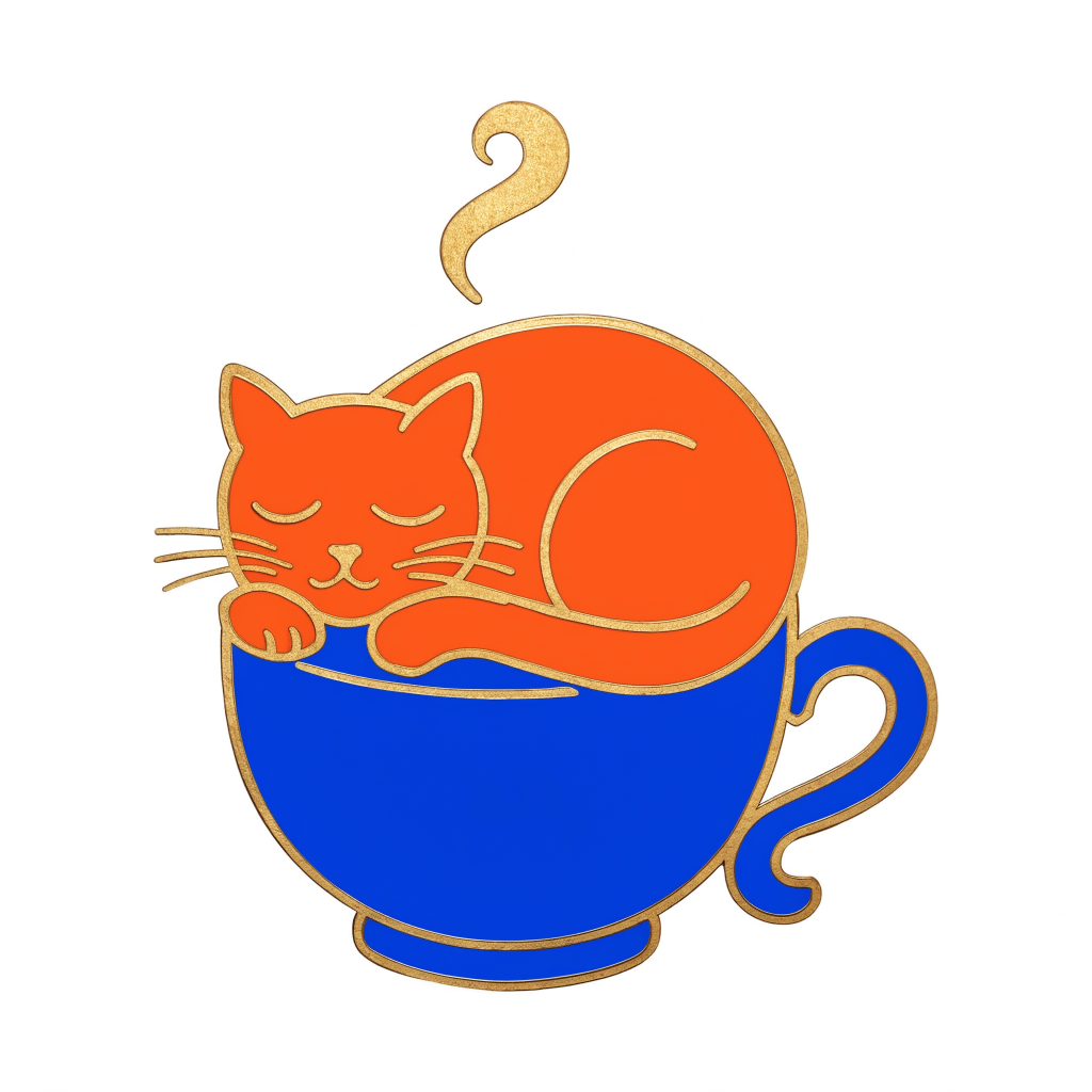 An enamel pin design of an orange cat asleep in a blue teacup with gold outlines