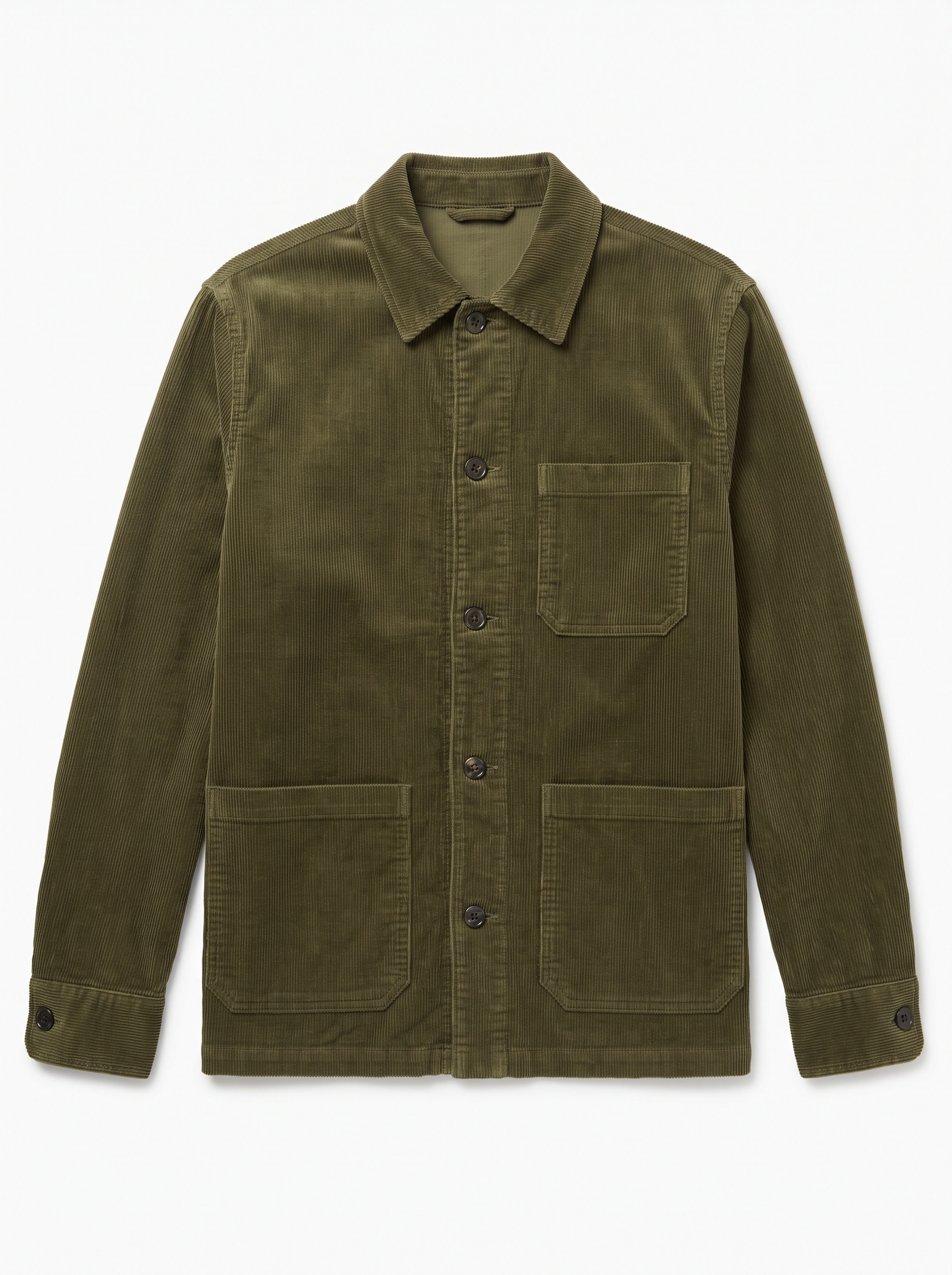 The product photo: an olive corduroy chore jacket with three patch pockets laid flat on white