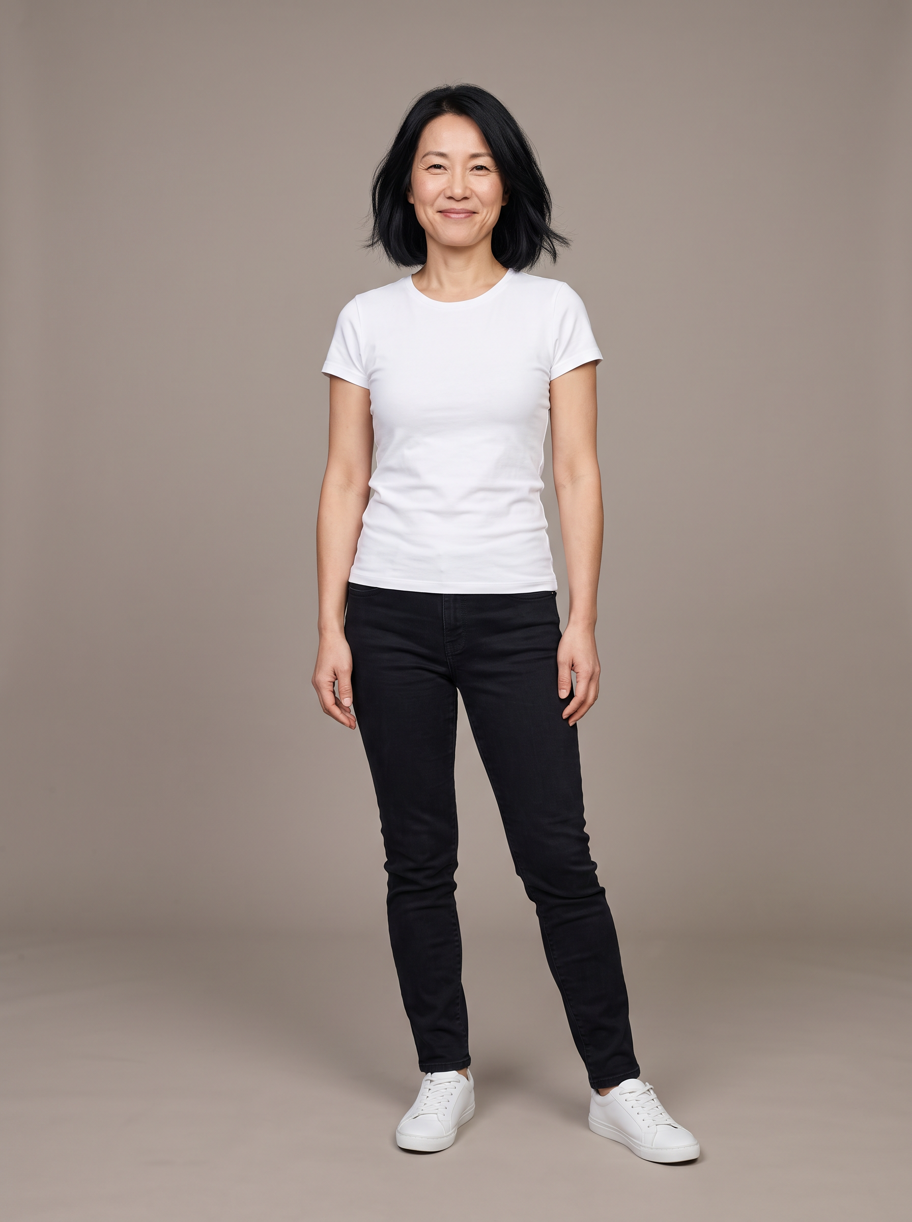 Base photo: a petite woman in her forties with a black bob in a white tee, black jeans and white sneakers