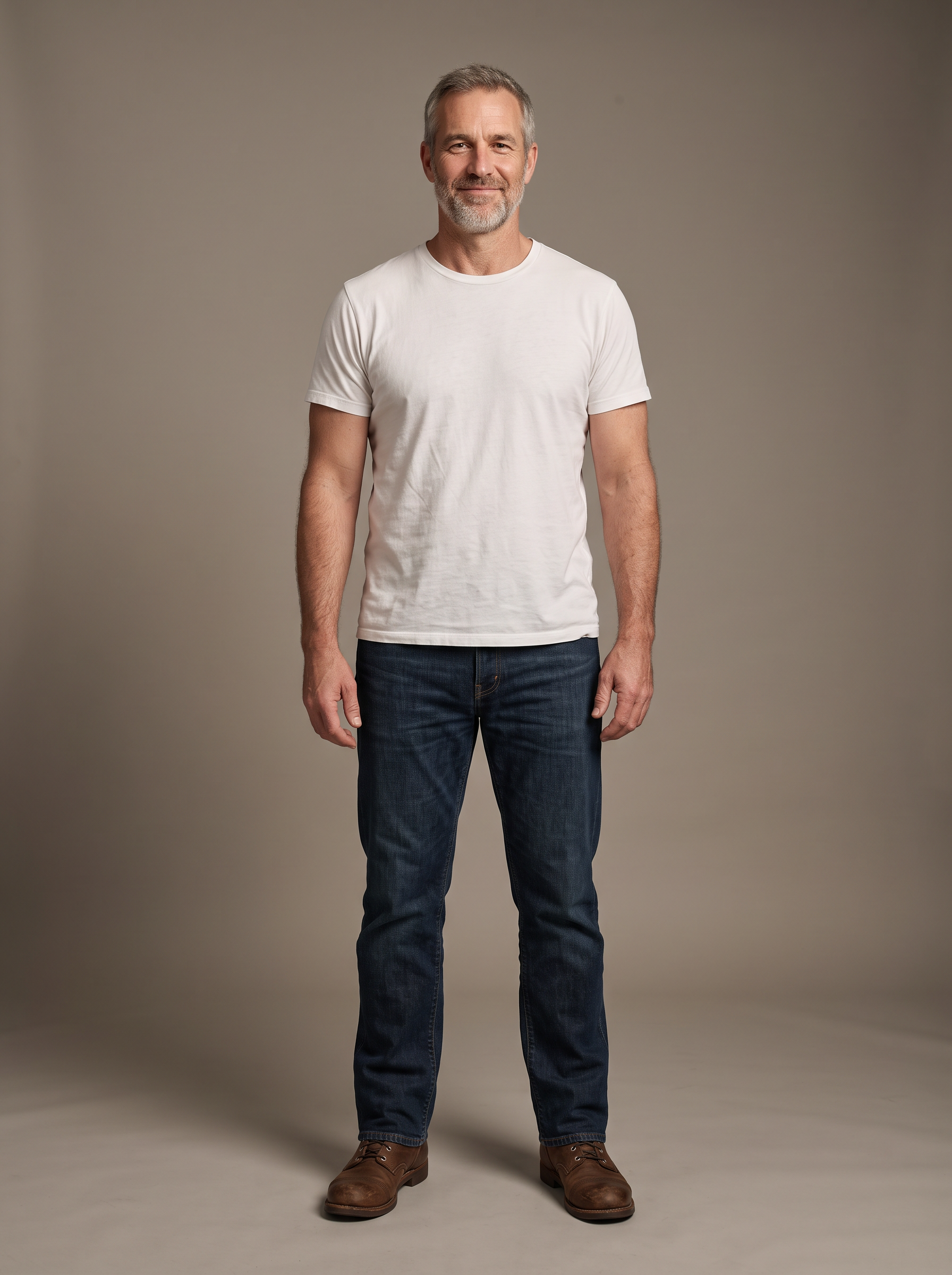 A tall man in his fifties with a short grey beard in a white tee, dark jeans and brown boots