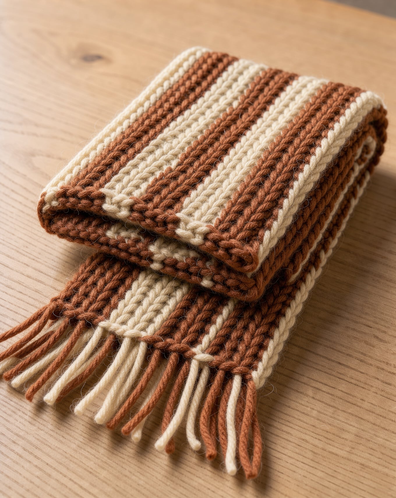 A rust and cream striped knitted scarf folded on a pale oak table