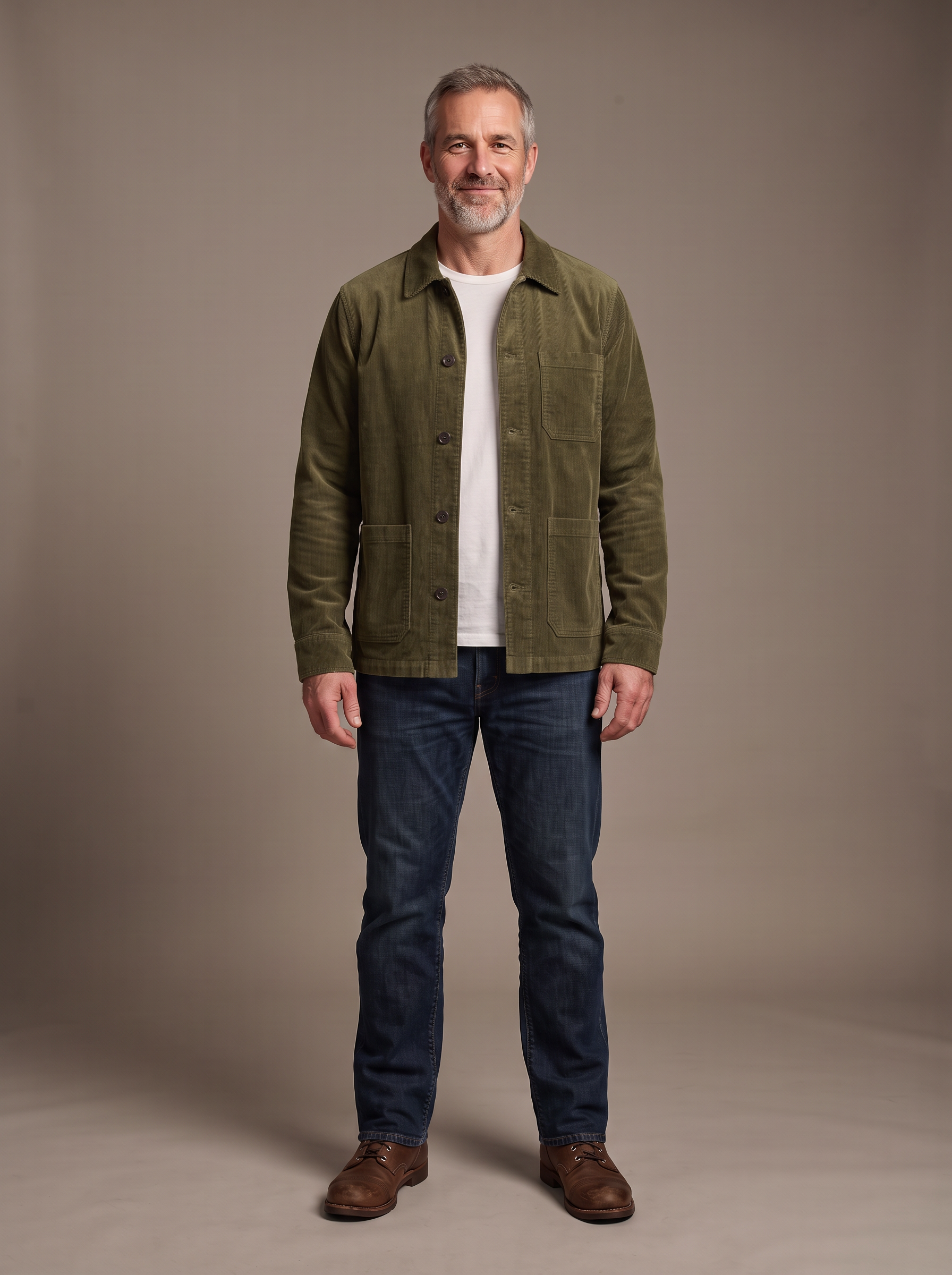 Try-on: the tall man in his fifties wearing the olive chore jacket open over his white tee