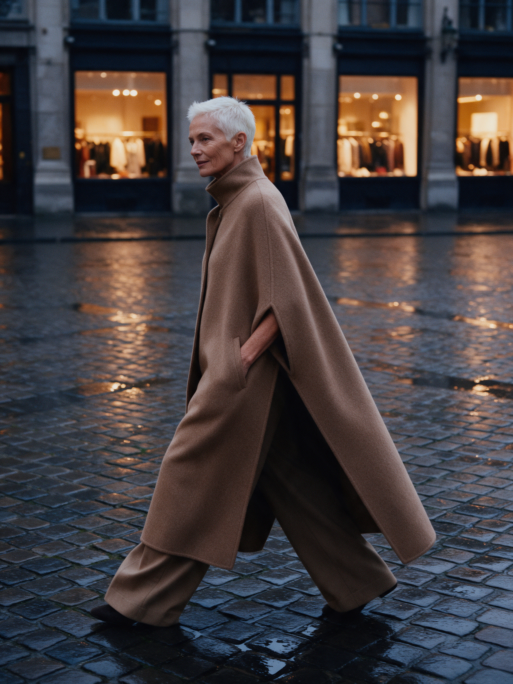 A woman in her sixties with cropped white hair crosses a wet cobbled square in a camel wool cape