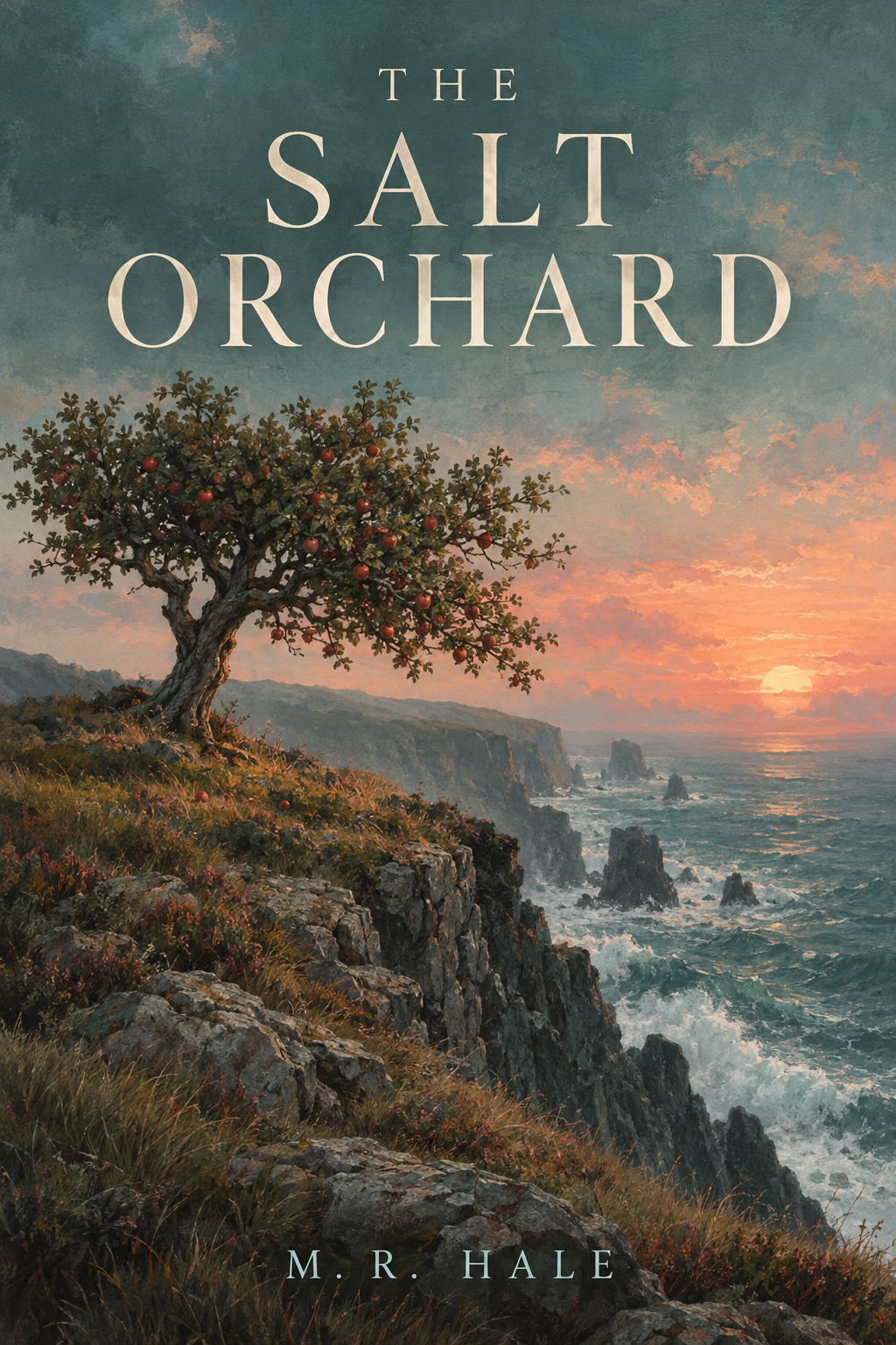 A book cover titled THE SALT ORCHARD with a lone tree on a sea cliff at dawn