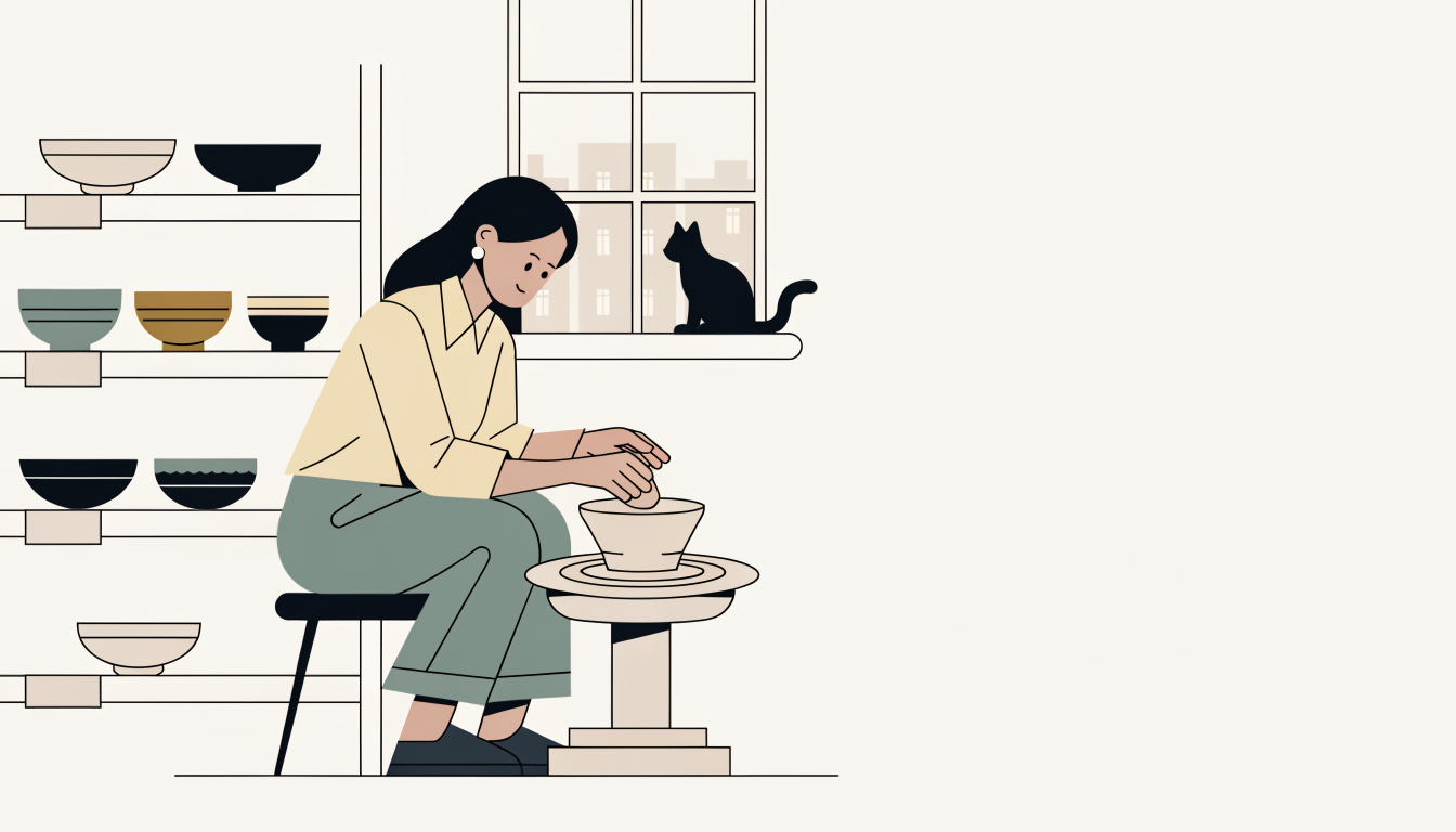 A flat illustration of a potter at her wheel beside shelves of bowls and a cat on the windowsill