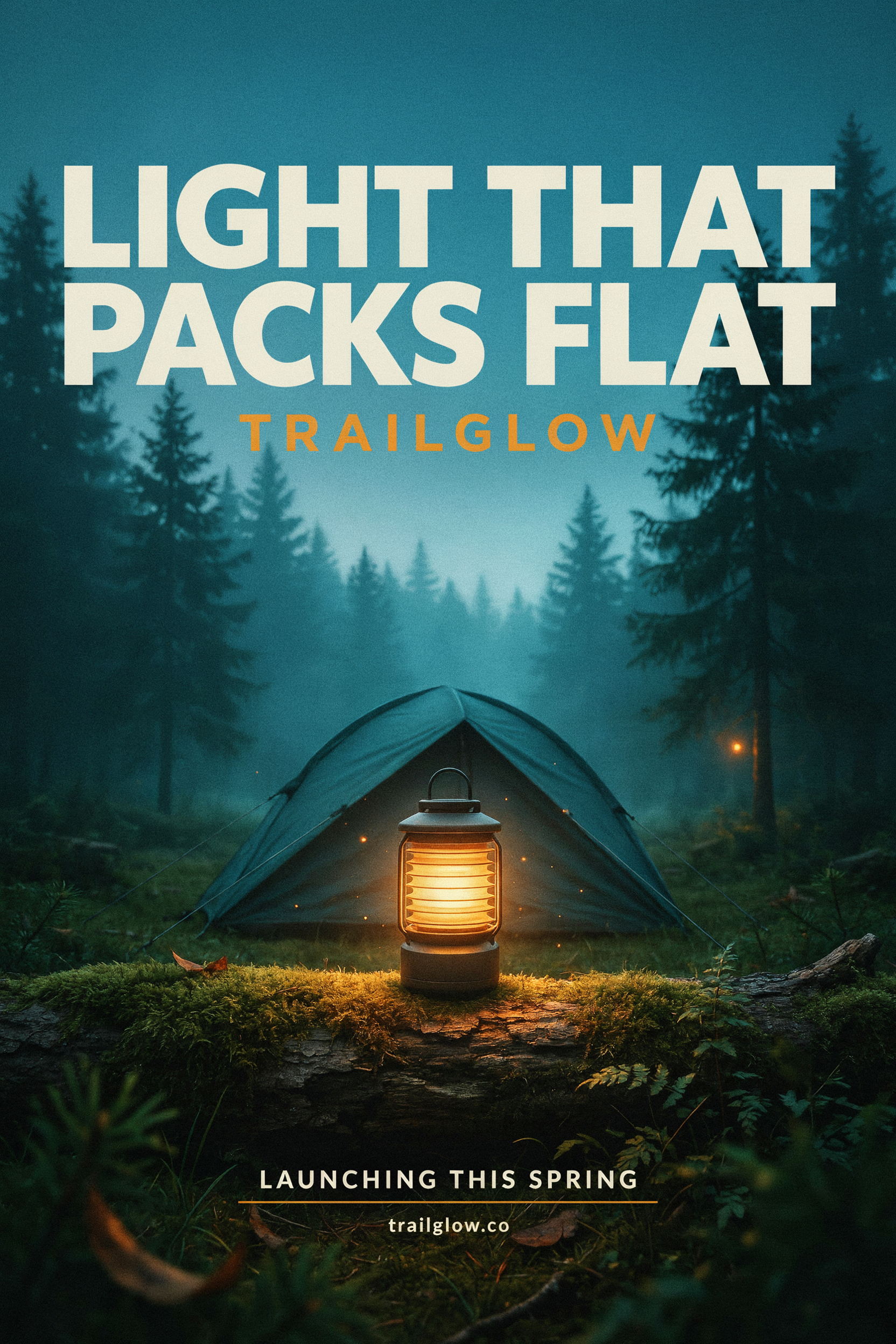 Ideogram 4.5: a launch poster reading LIGHT THAT PACKS FLAT and TRAILGLOW above a glowing tent