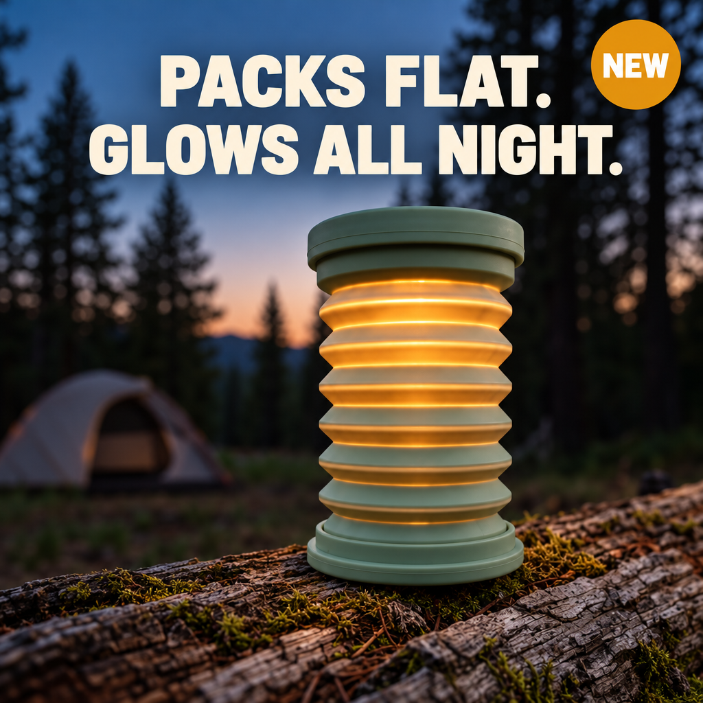 GPT Image 2.5: the lantern photo as a square post reading PACKS FLAT. GLOWS ALL NIGHT. with a NEW badge