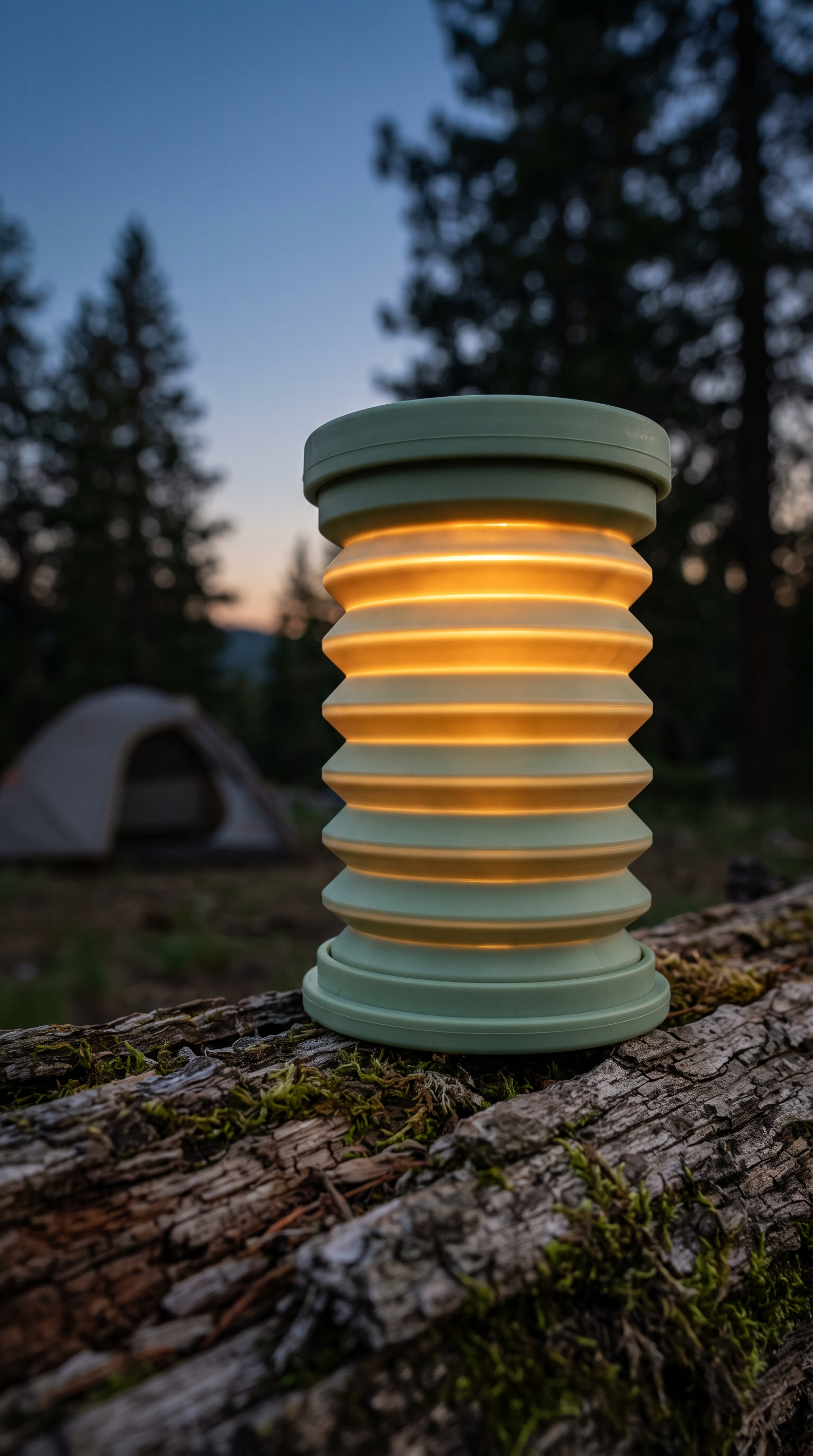 Nano Banana 2.1: a sage green collapsible lantern glowing amber on a mossy log at dusk