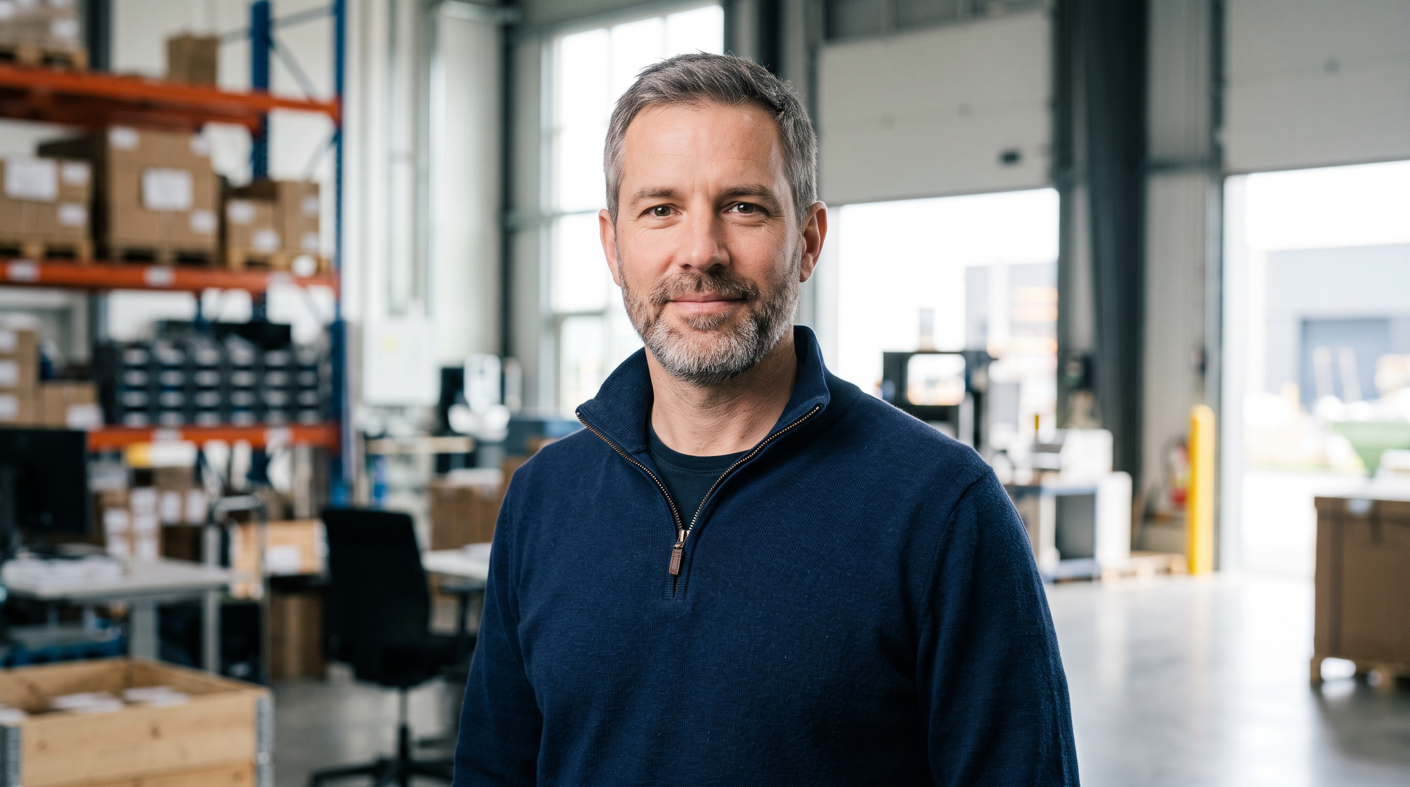 The starting portrait: a trainer with a grey beard and a navy quarter zip in a warehouse office