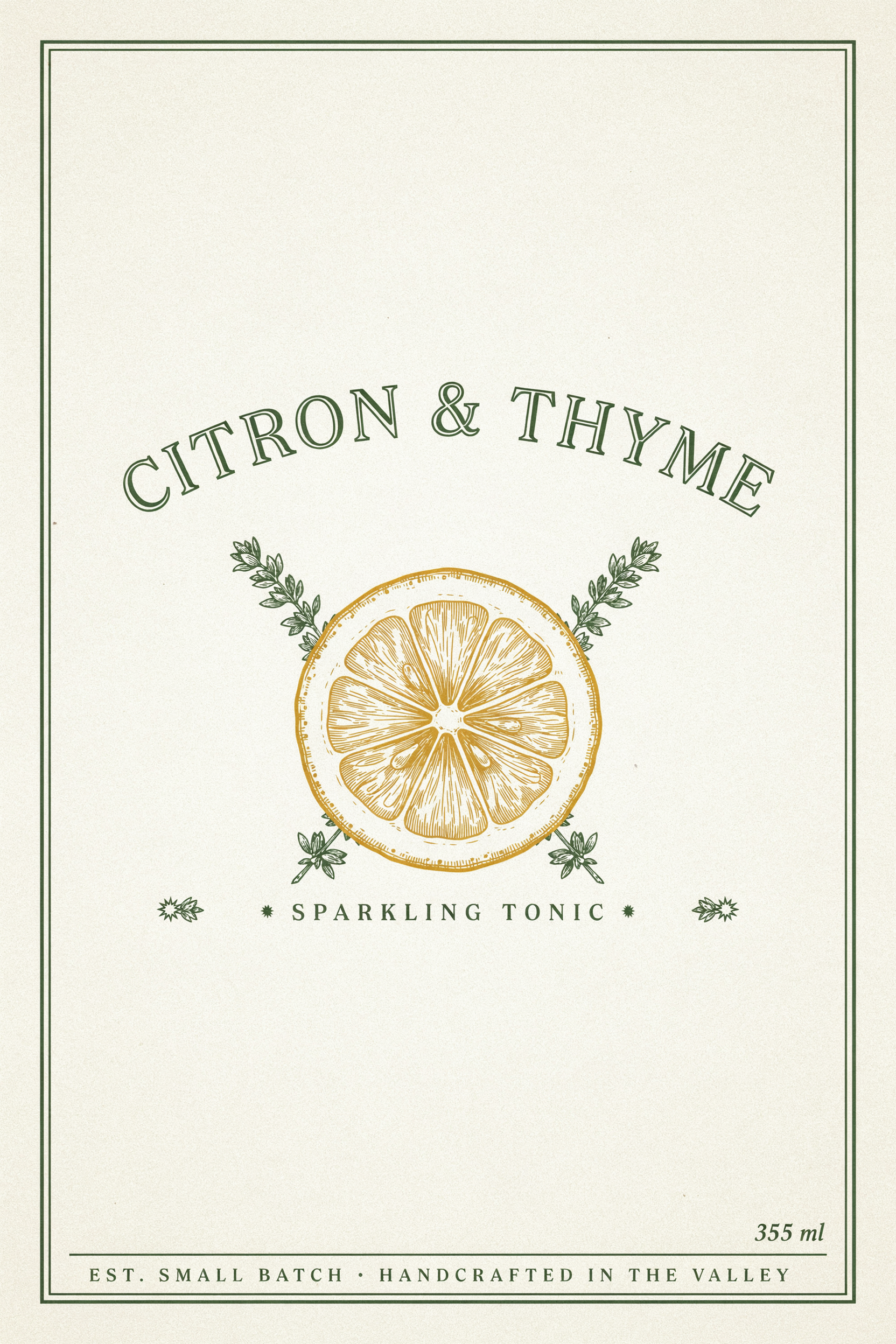 A cream bottle label reading CITRON & THYME with a lemon slice, thyme sprigs and SPARKLING TONIC