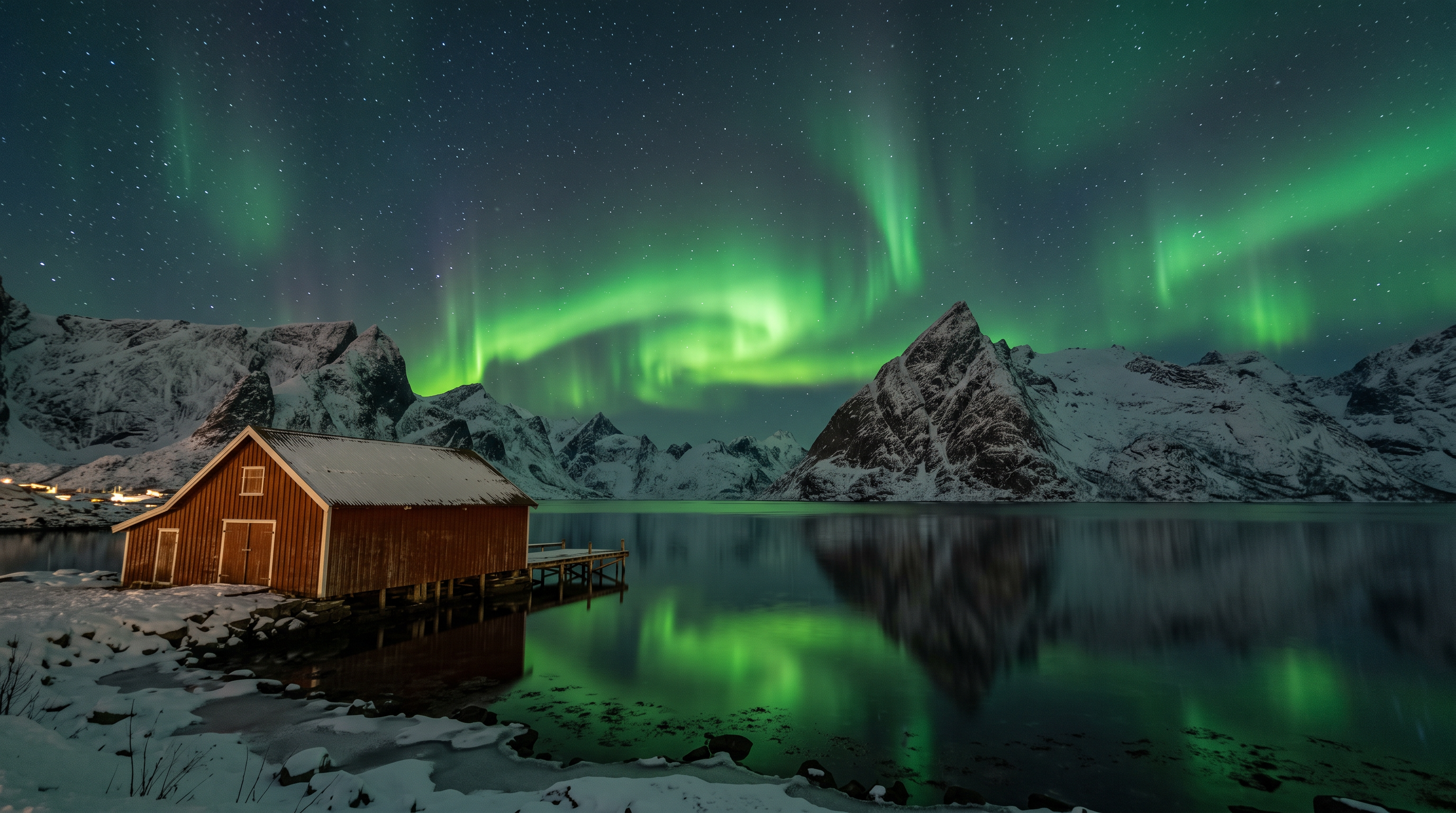 Green aurora over a still fjord with a red boathouse and snowy peaks mirrored in the water