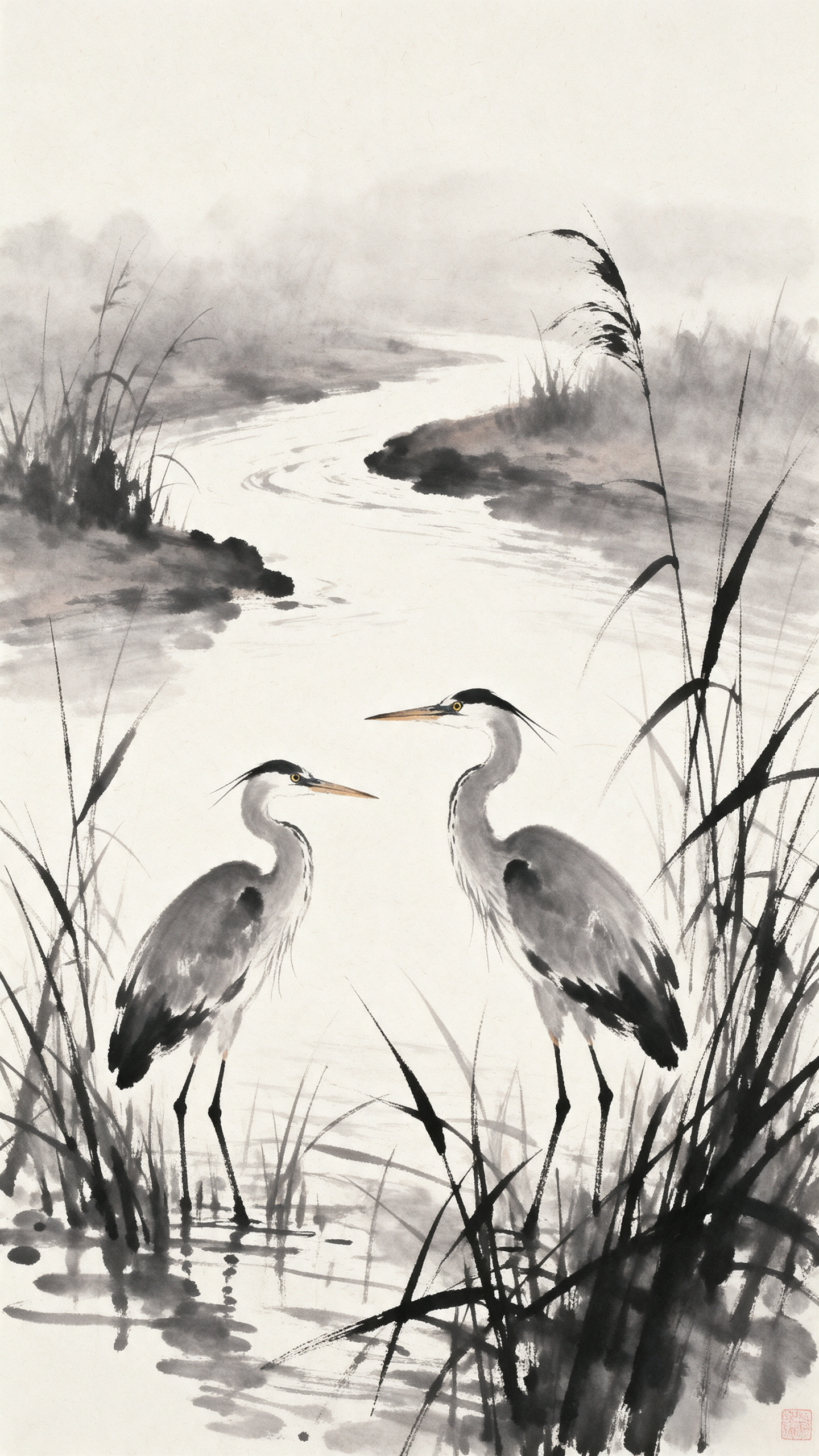 An ink wash painting of two grey herons in reeds at a misty river bend