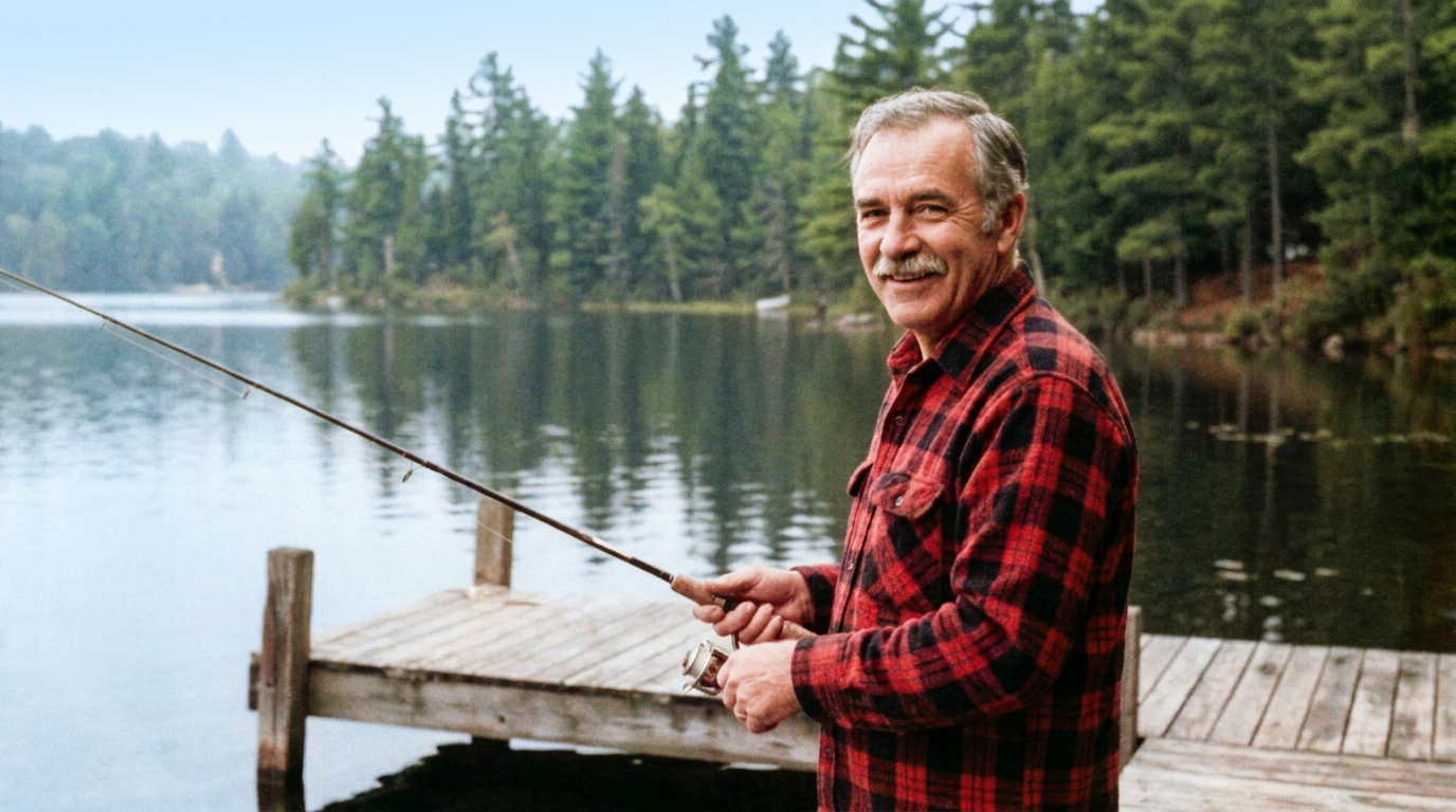 The restored photo: natural daylight colors, no crease or dust, the same man, rod and dock