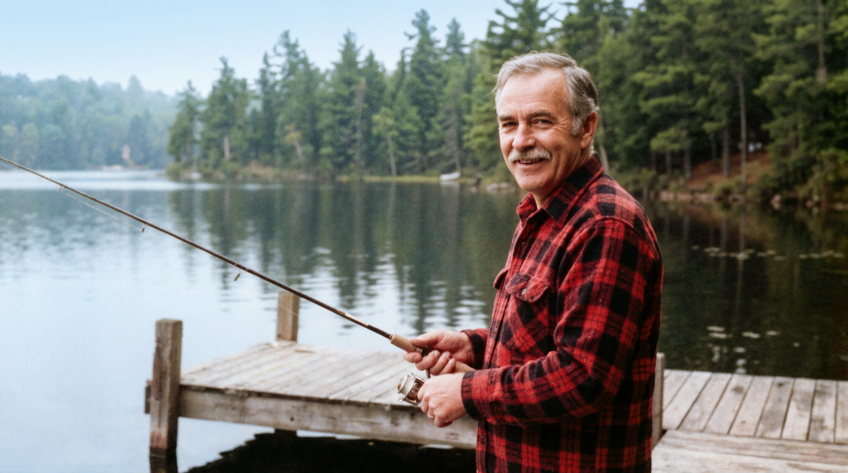 The 2x upscale: the restored photo at 2752 by 1536 with crisper flannel, beard and trees