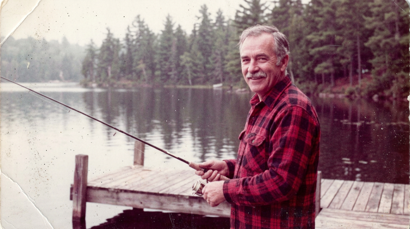 The faded original: a magenta tinted, grainy print of a man fishing from a lake dock with a crease in one corner