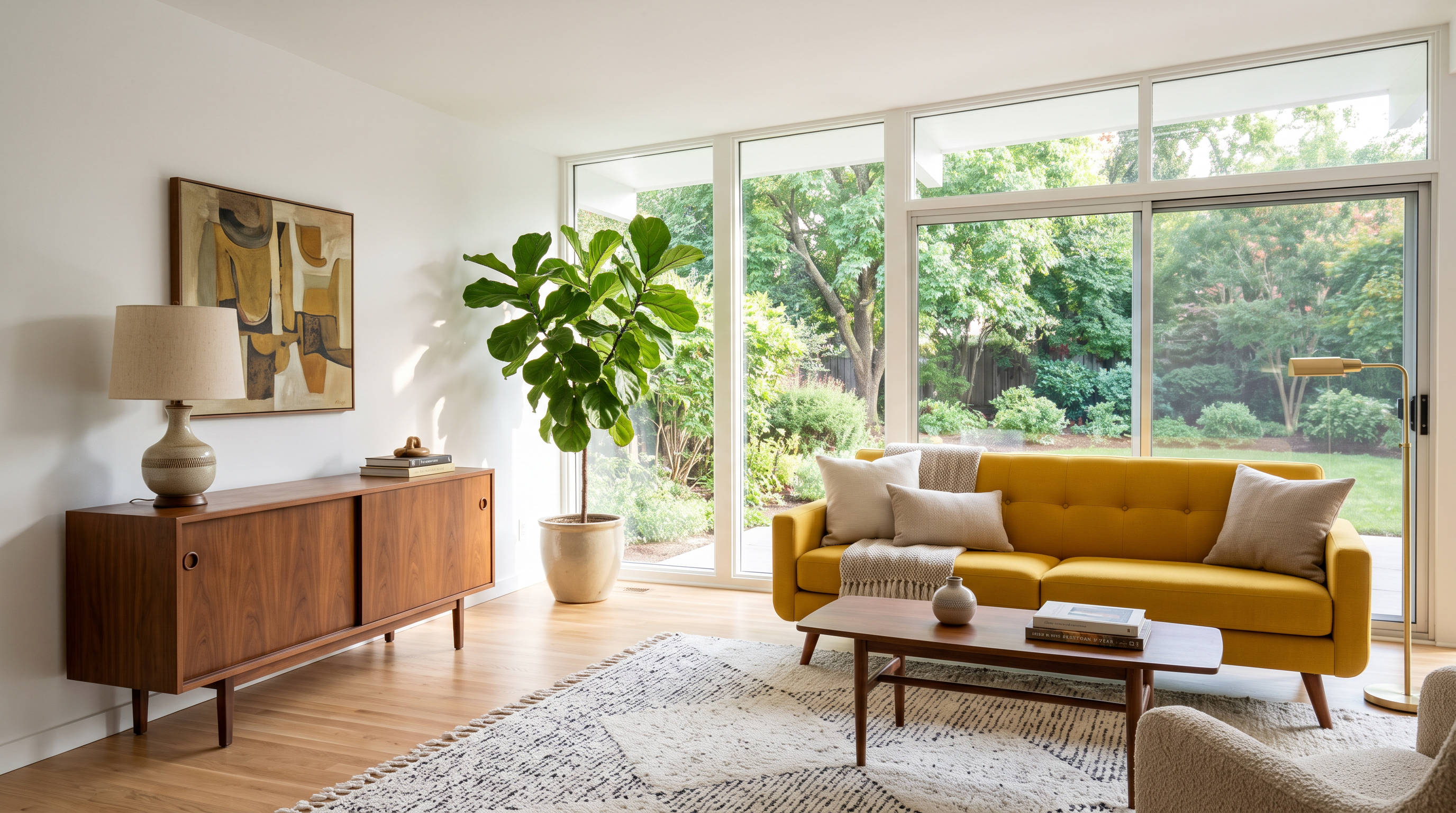 A bright mid century living room with a walnut sideboard, a mustard yellow sofa and floor to ceiling garden windows