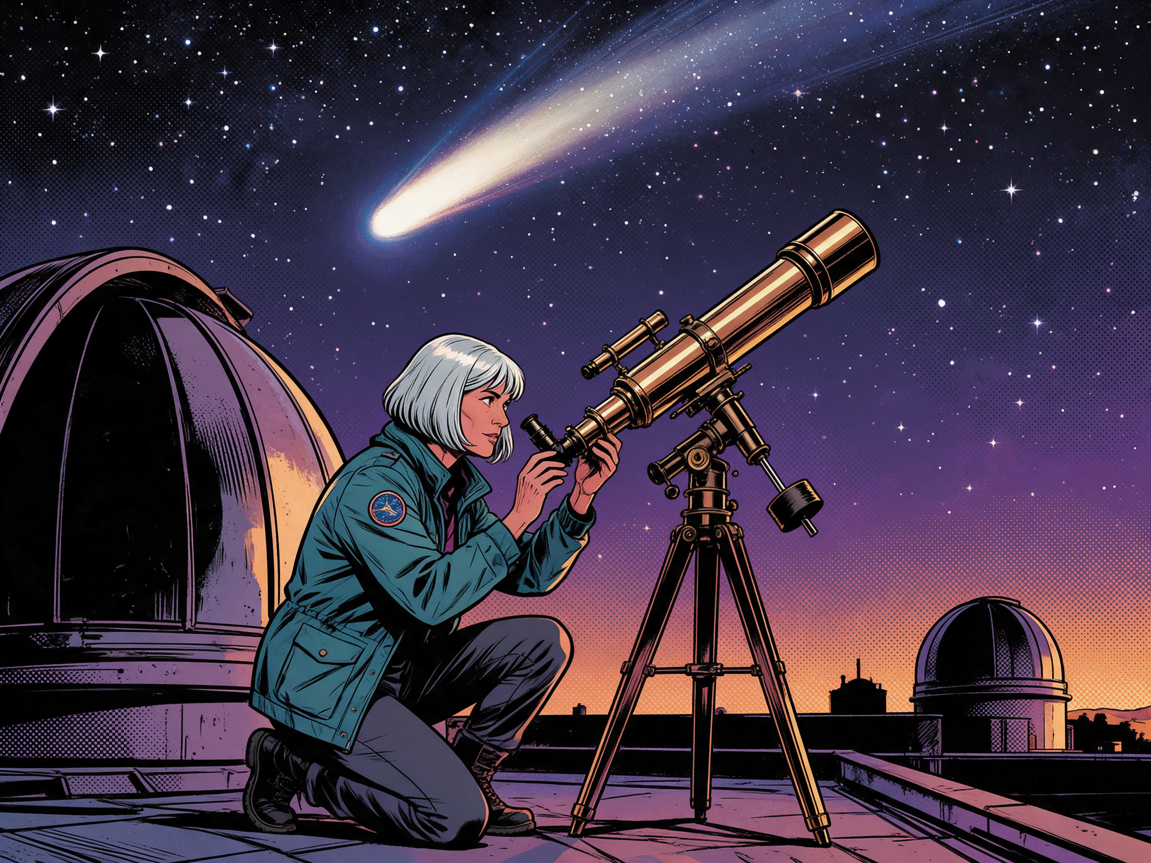 A comic book astronomer with a silver bob kneels on an observatory roof at her brass telescope as a comet streaks overhead