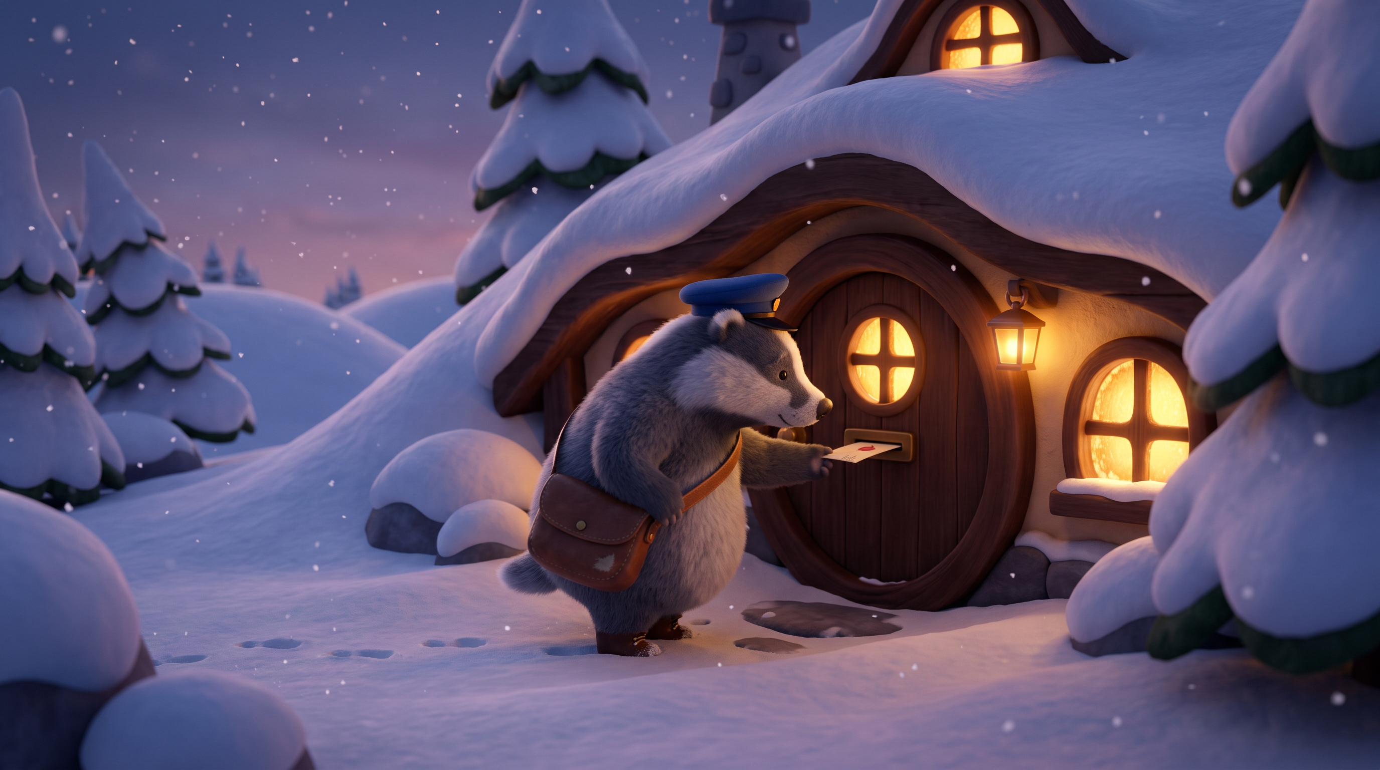 A plump grey badger postman in a blue cap pushes a letter through the round door of a snowy cottage at dusk