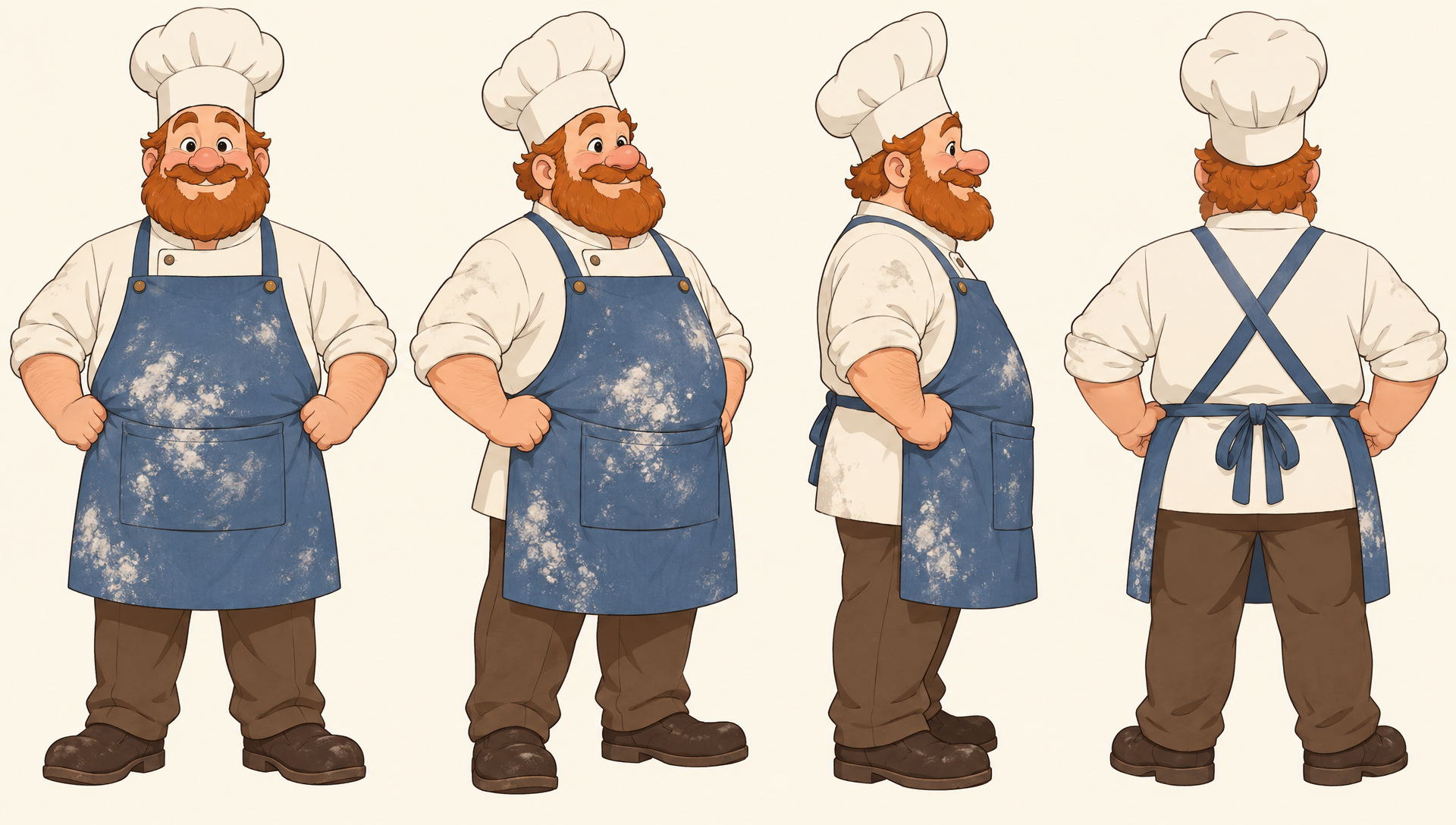 A cartoon baker with a ginger beard and a flour dusted blue apron shown from the front, three quarter, side and back