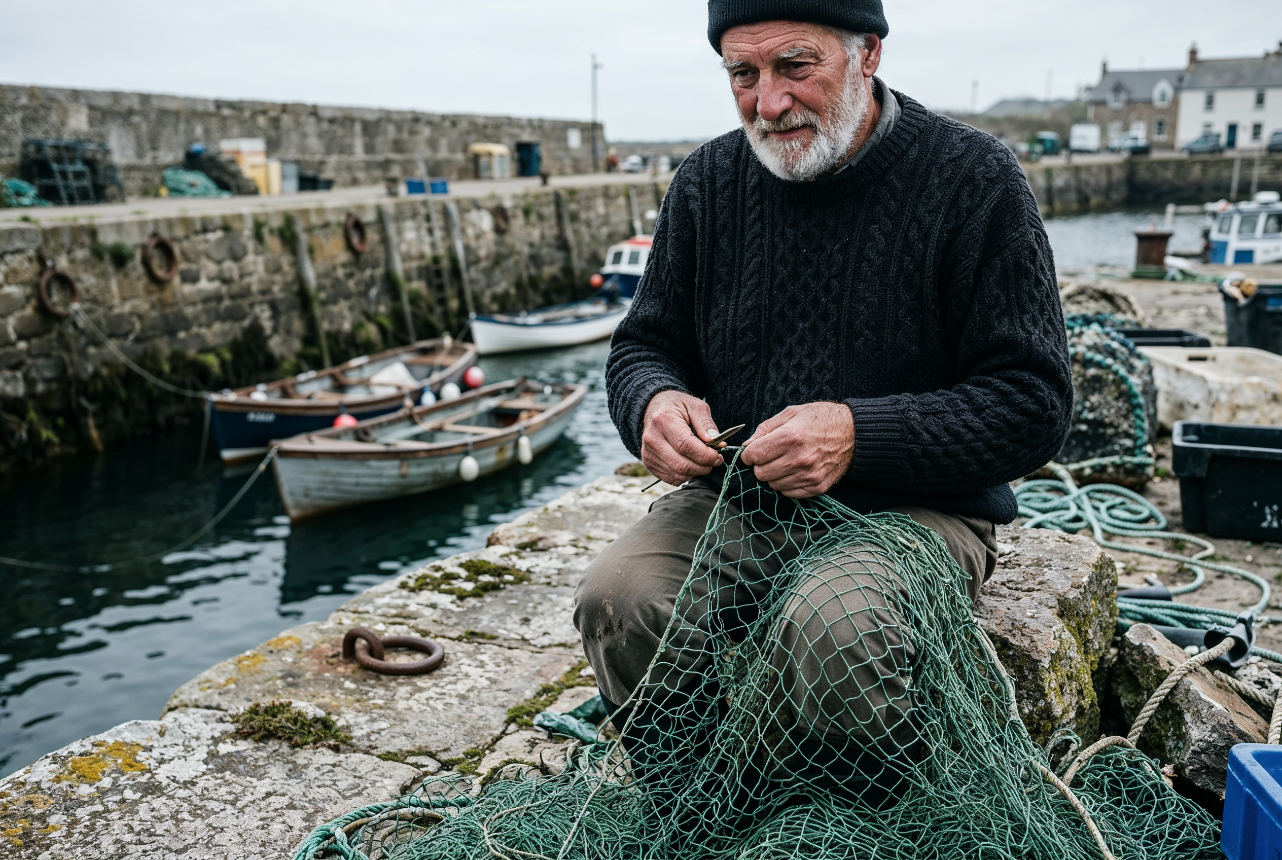 Magnific 2x: the fisherman upscaled with added skin and beard texture