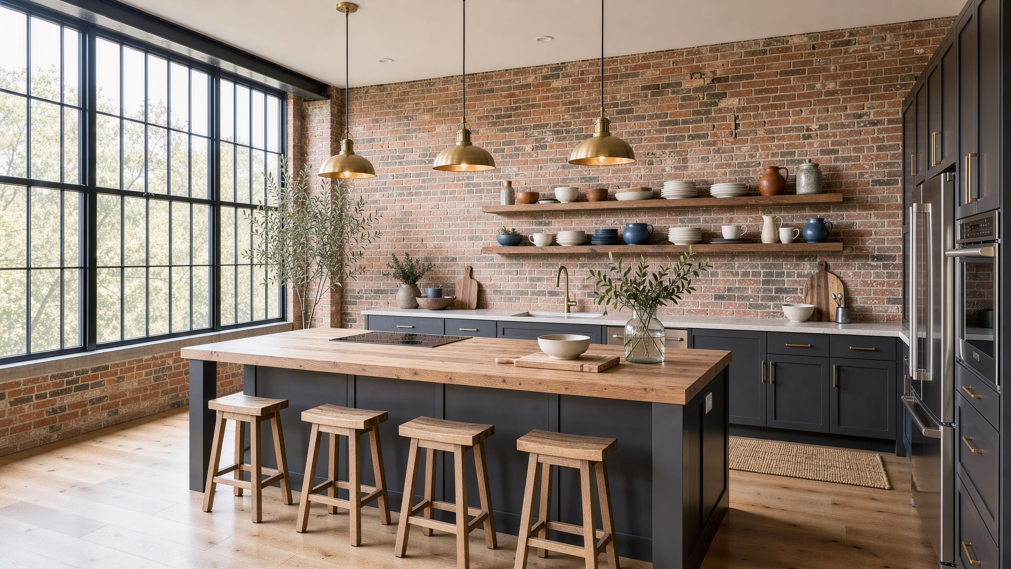A sunlit loft kitchen with exposed brick, an oak topped island, three brass pendants and tall factory windows