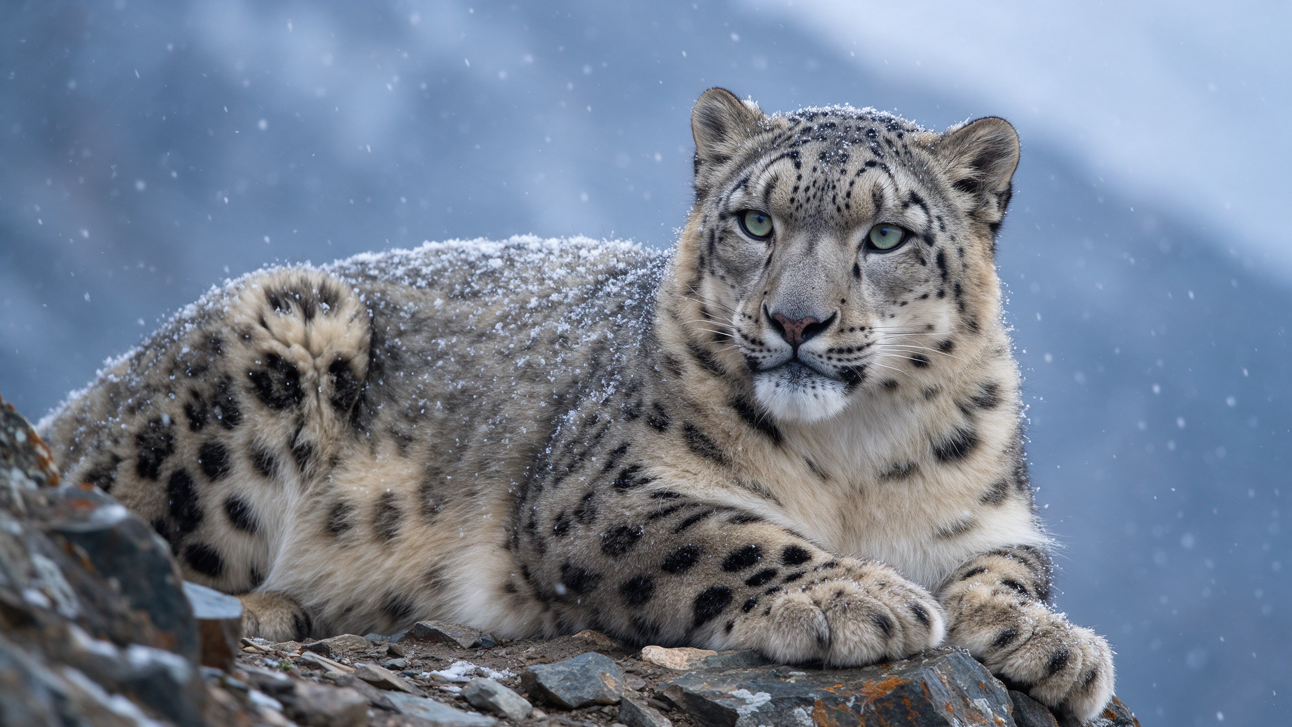 A snow leopard rests on a rocky ledge with snow on its fur and pale eyes, blue grey mountains behind