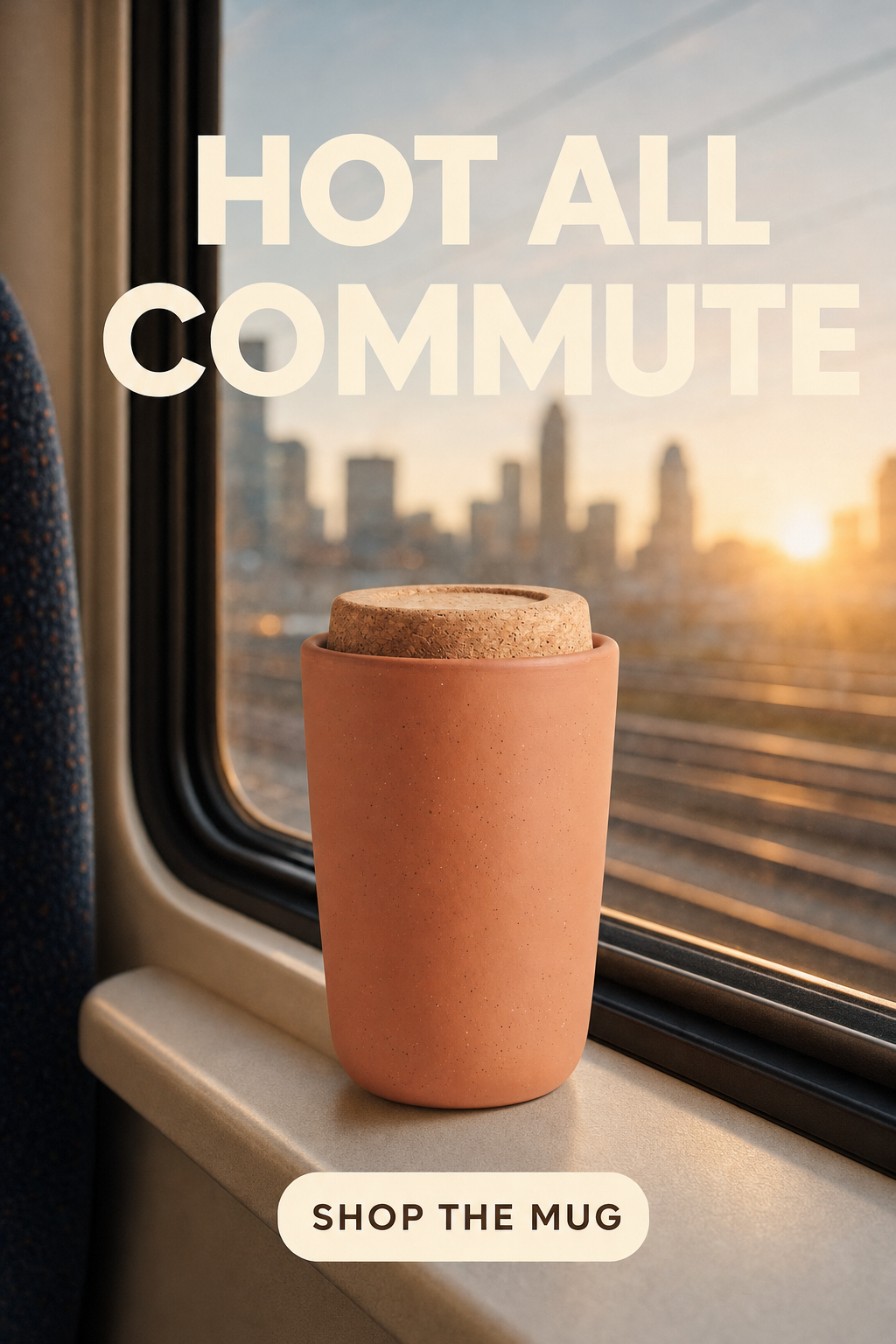 The social ad: the mug on a train window ledge at sunrise under HOT ALL COMMUTE with a SHOP THE MUG button