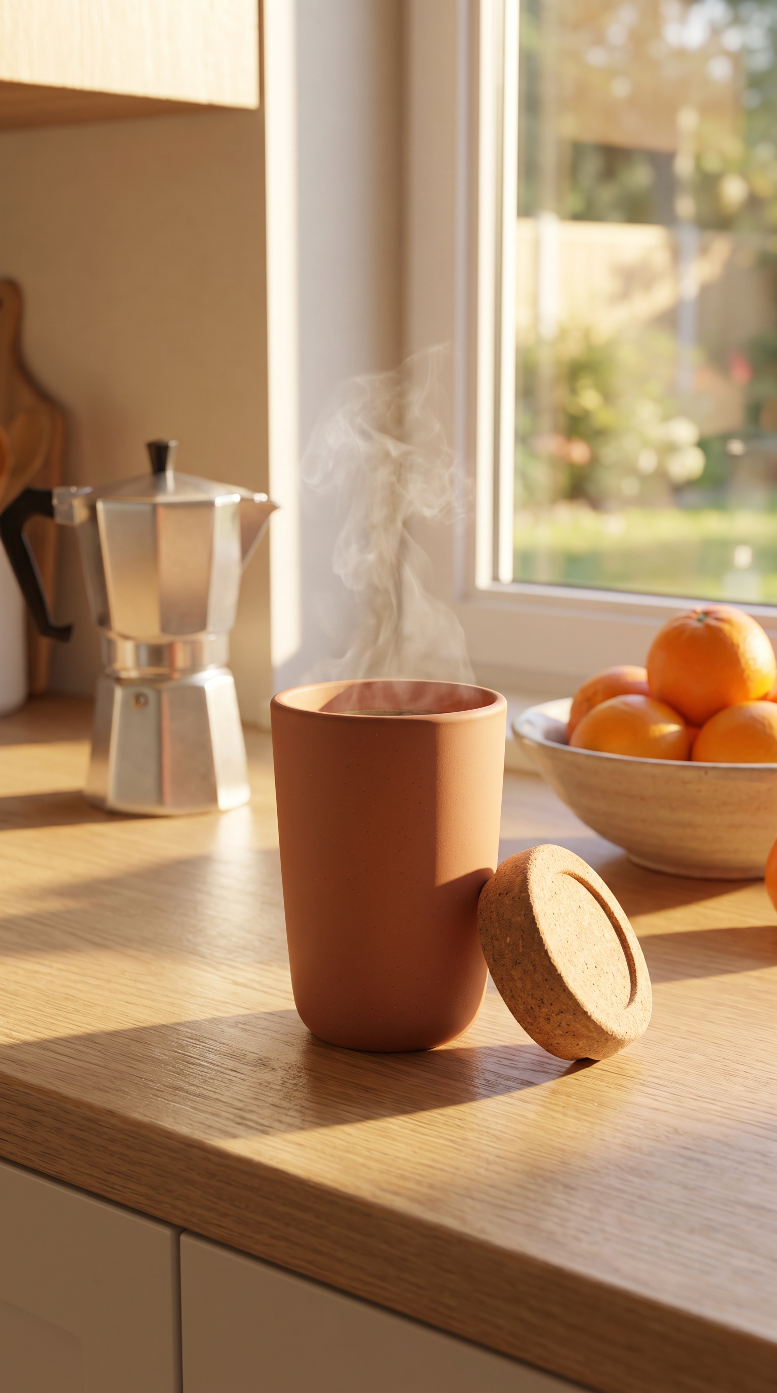 The lifestyle scene: the same mug steaming on a light oak counter by a sunny window, lid beside it