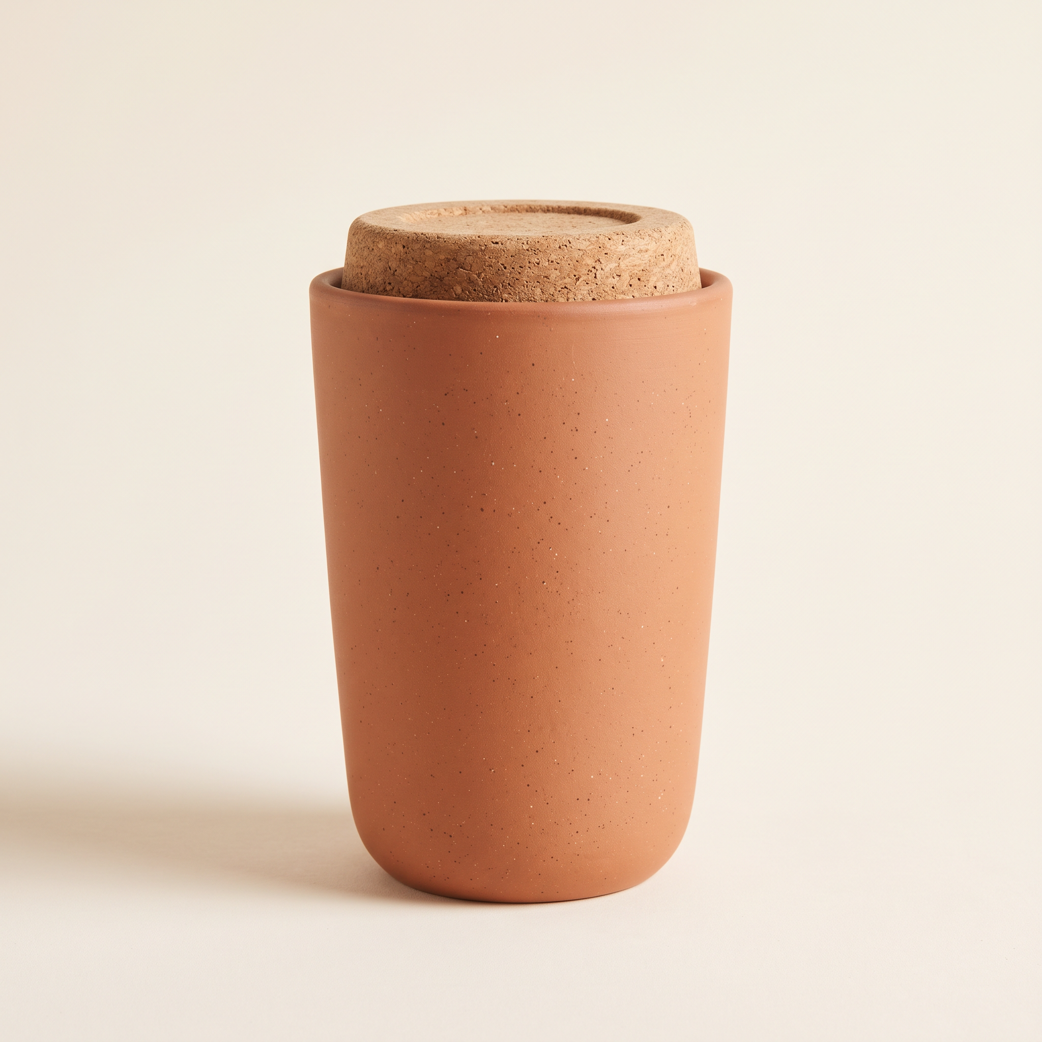 The packshot: a matte terracotta travel mug with a cork lid on a plain off white backdrop