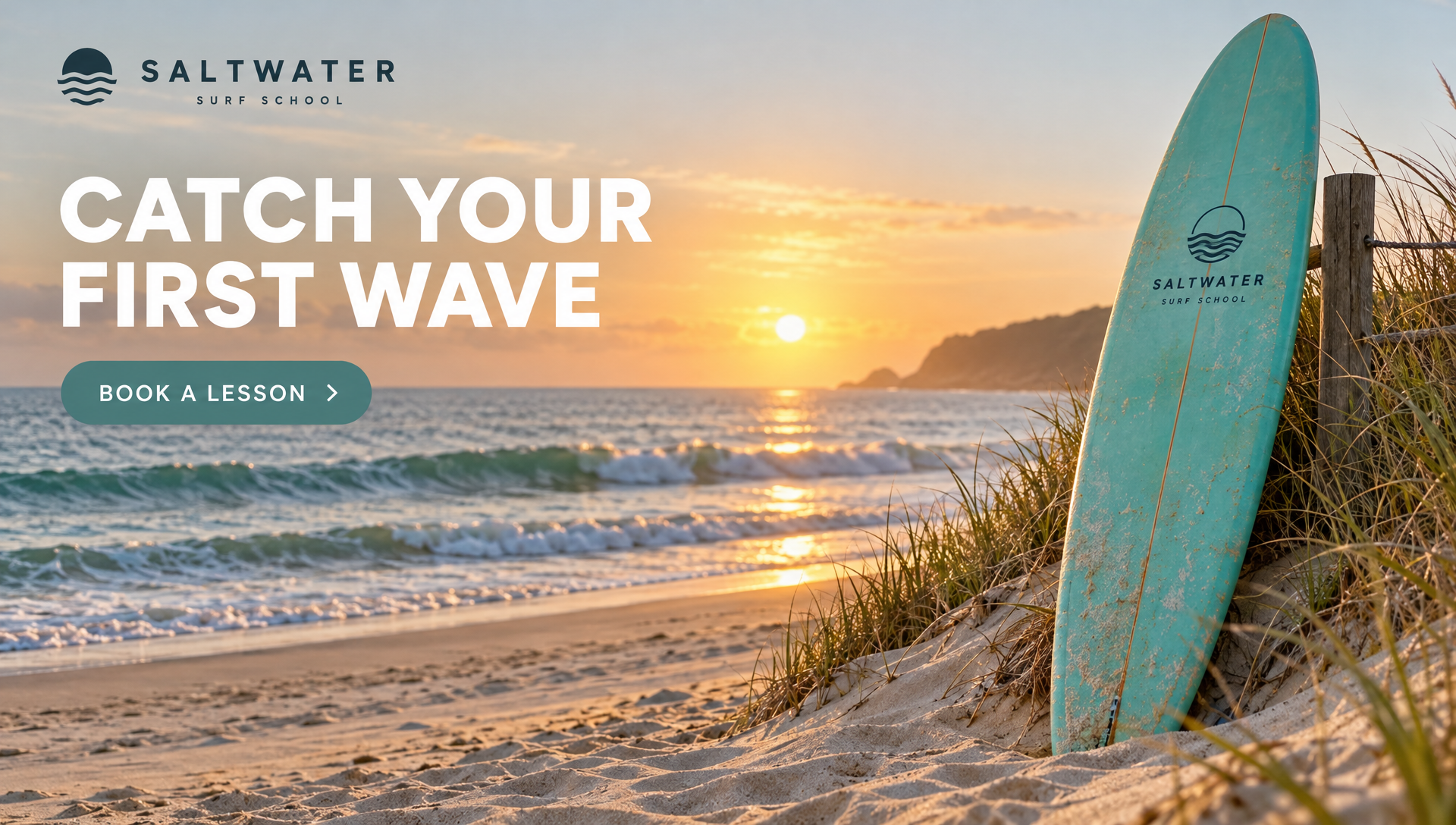 A web banner for a surf school with the headline CATCH YOUR FIRST WAVE and a BOOK A LESSON button over a turquoise longboard