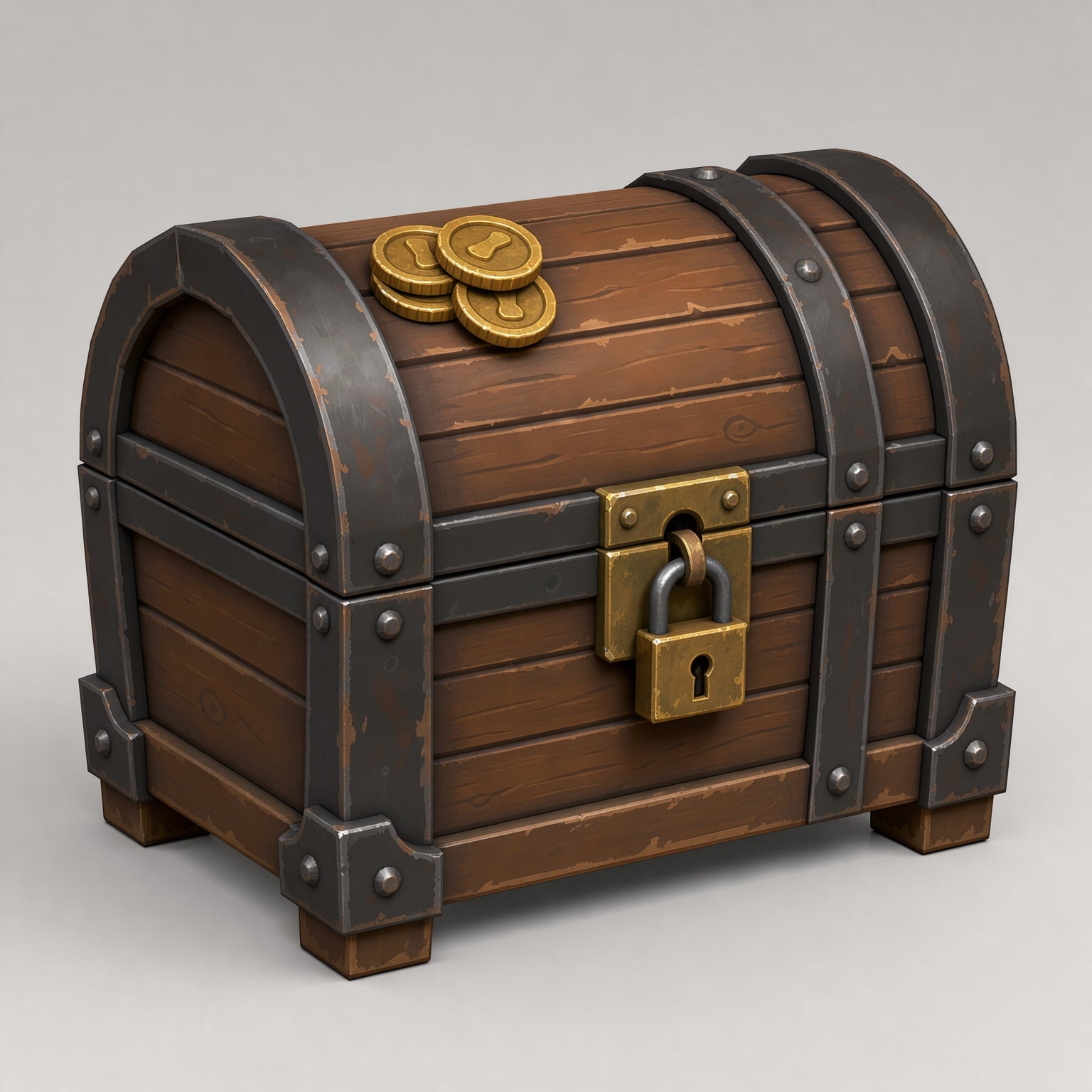 FLUX 3 Image: a treasure chest with dark iron bands, a gold padlock, coins on the lid and small feet